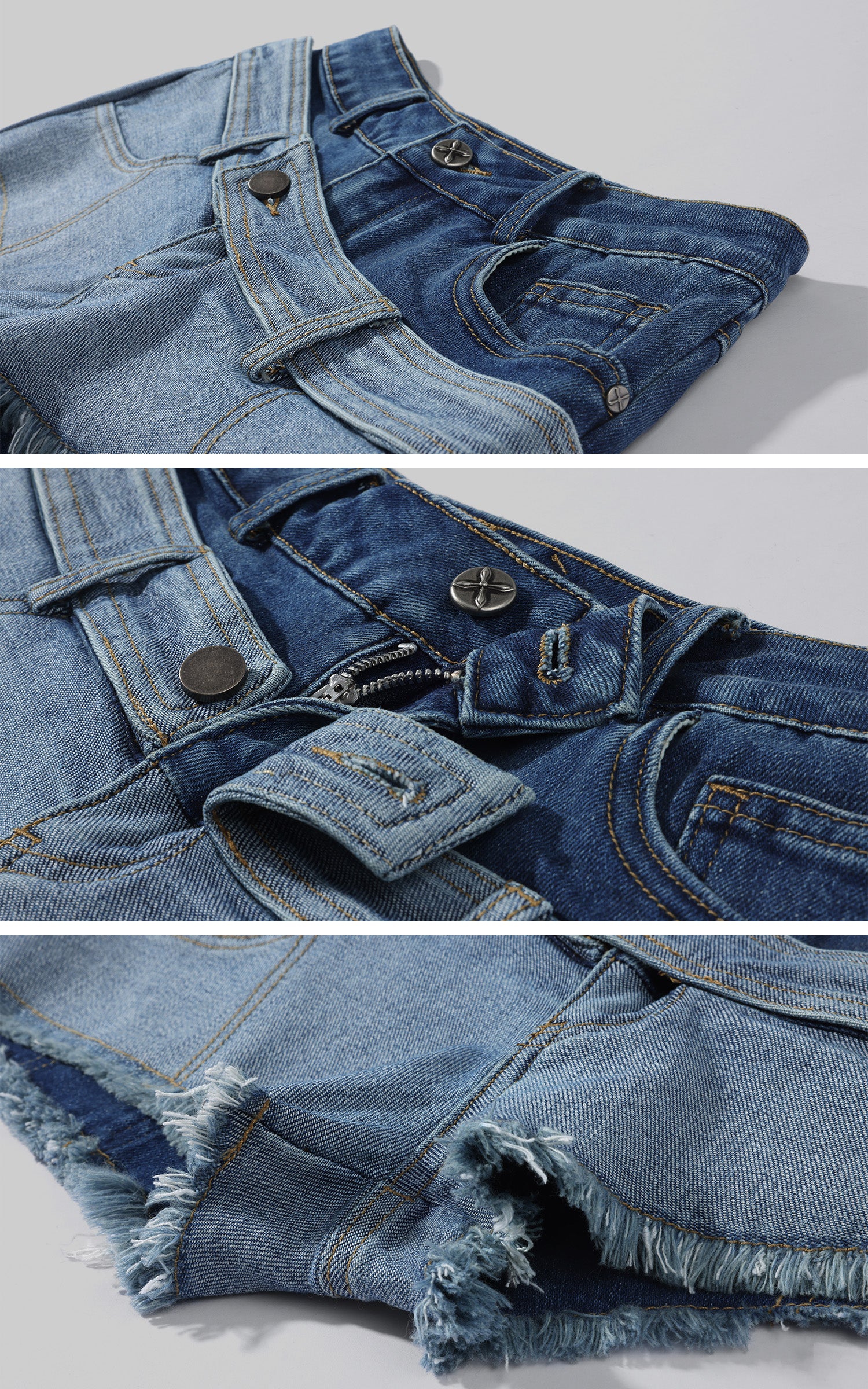 RASE LE SOL Layered Two-Tone Asymmetric Low-Rise Denim Shorts
