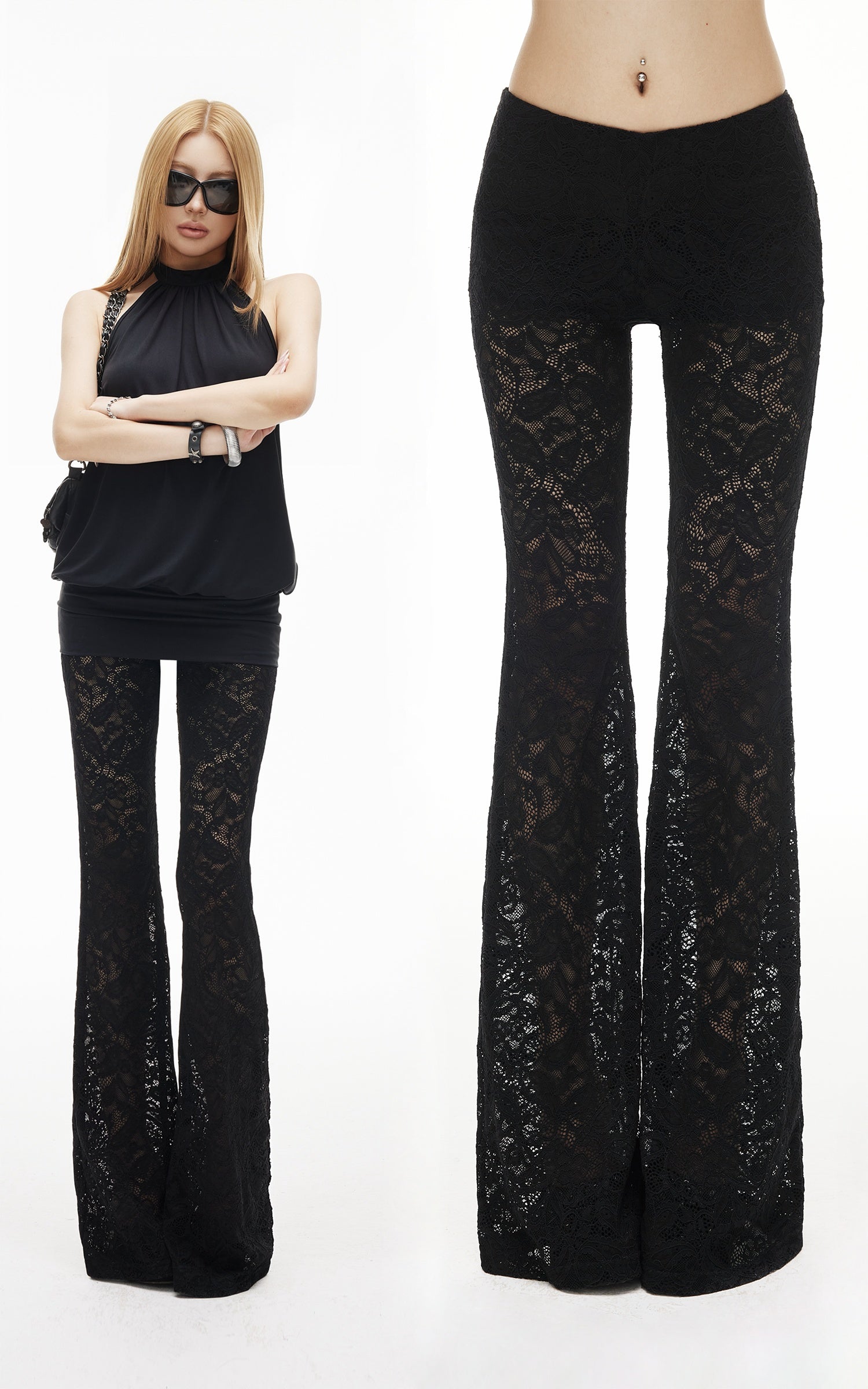 IAMXIAA Sheer Floral Lace Flared Pants with Stretch Lining