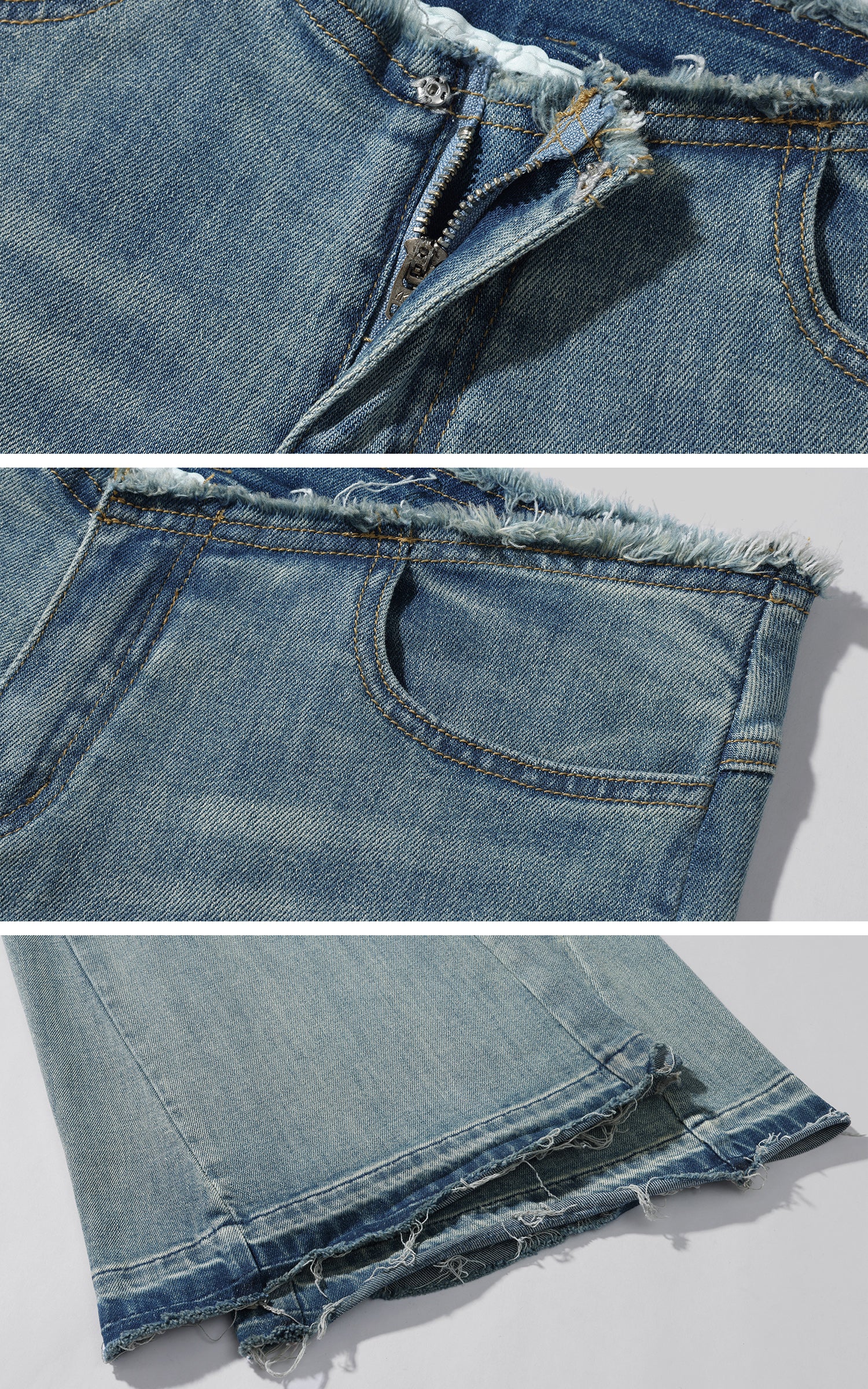 Rase le sol 해체된 스타일의 로우 엣지 플레어 데님 팬츠