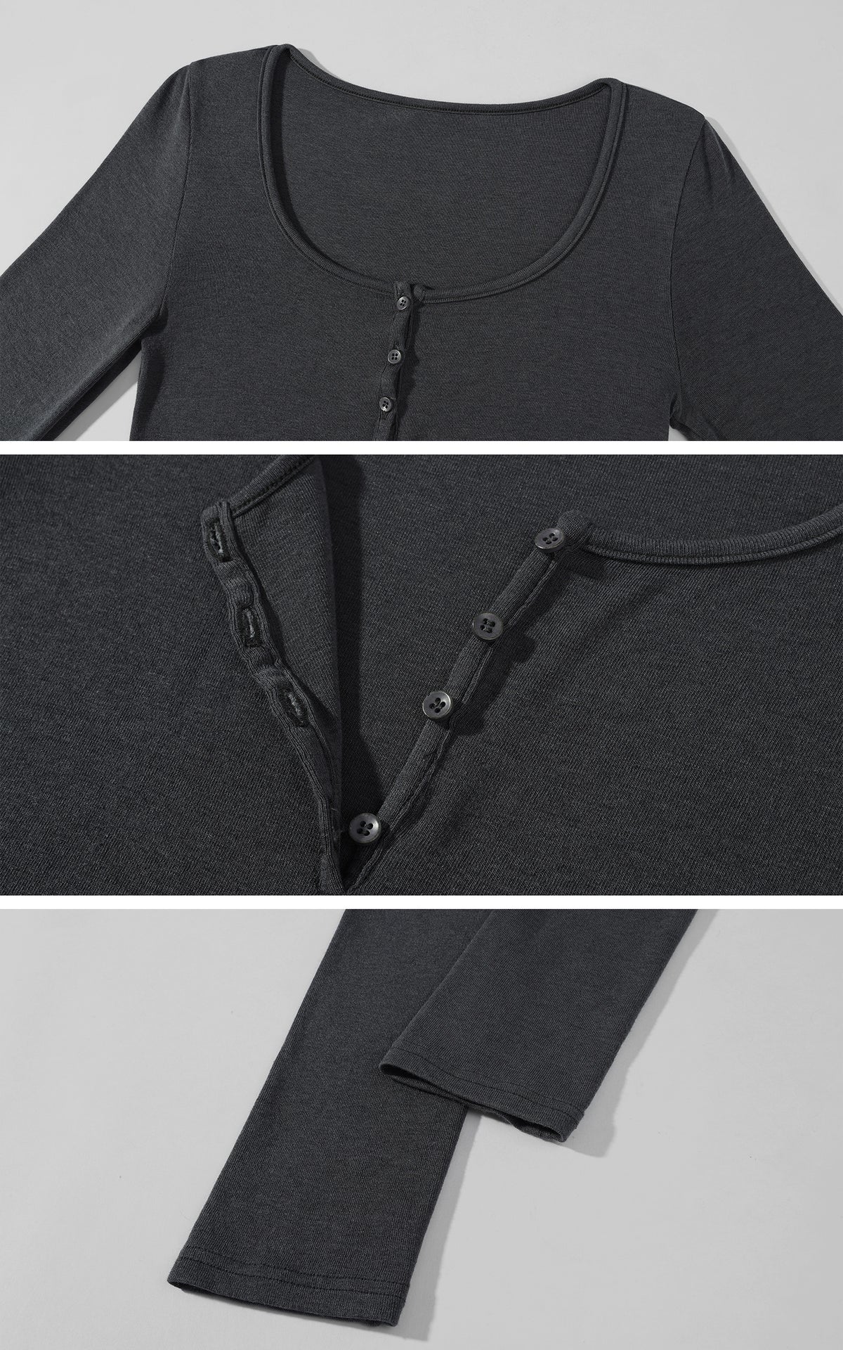 0122stepll Scoop Neck Button-Front Slim-Fit Long Sleeve T-Shirt