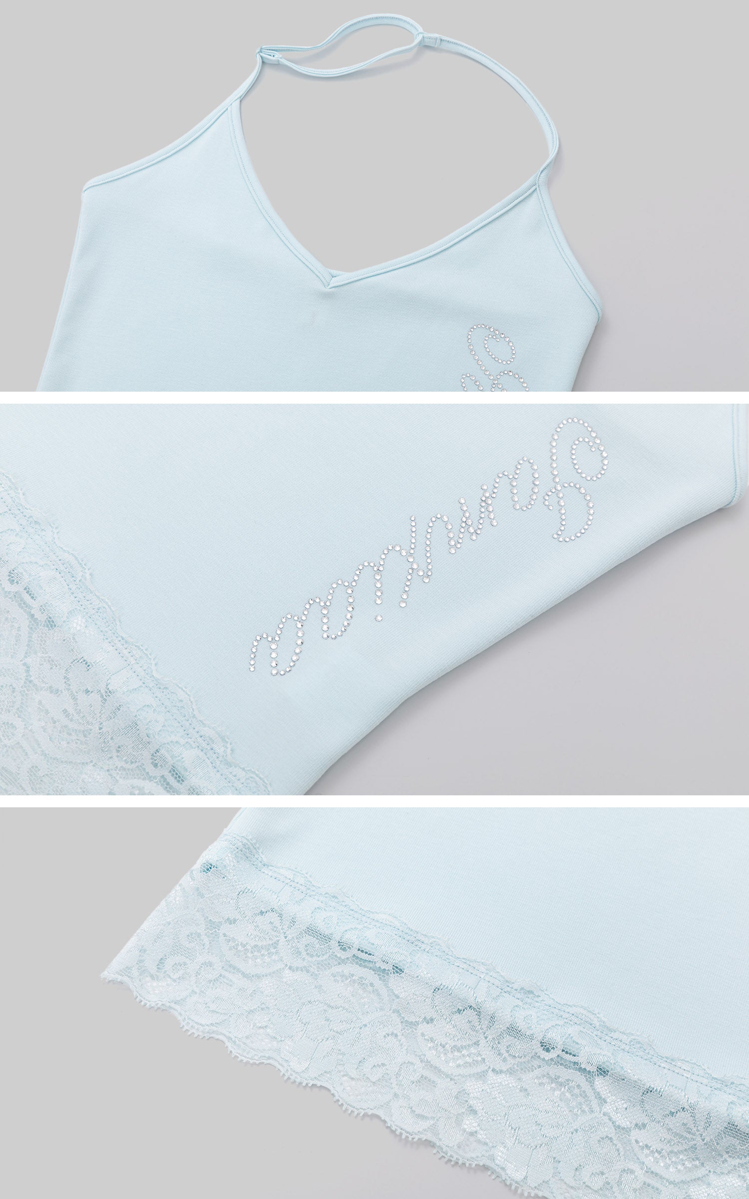 IAMXIAA Rhinestone Logo Lace Trim Halter Cami Tank Top