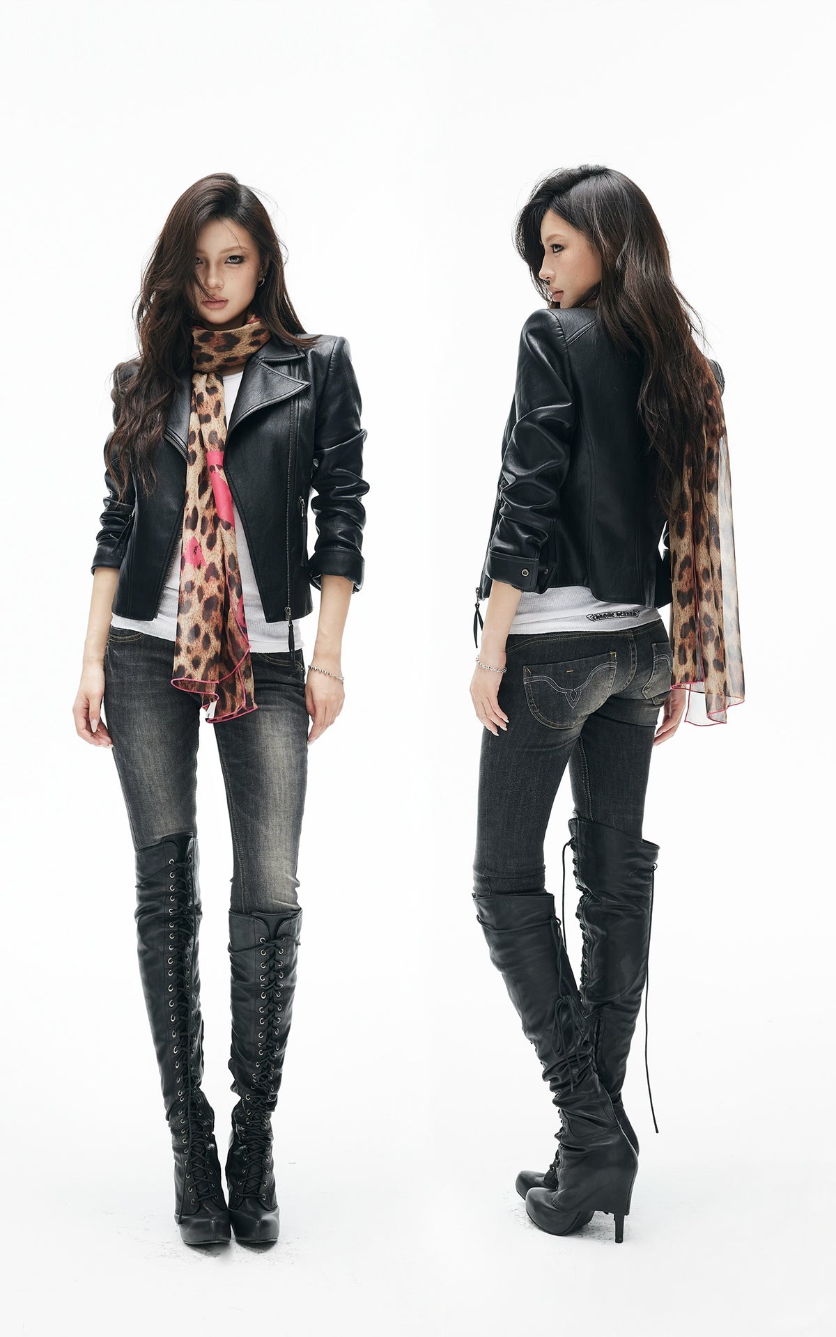 IAMXIAA Veste en cuir moto noire sculptée