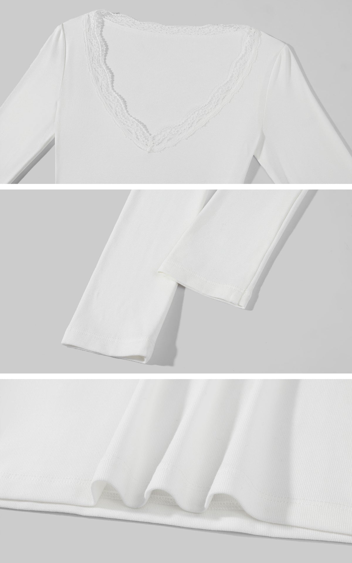 ROVENTE Lace-Trim Deep V-Neck Long-Sleeve Top with Slim Fit &amp; Fine Ribbed Texture