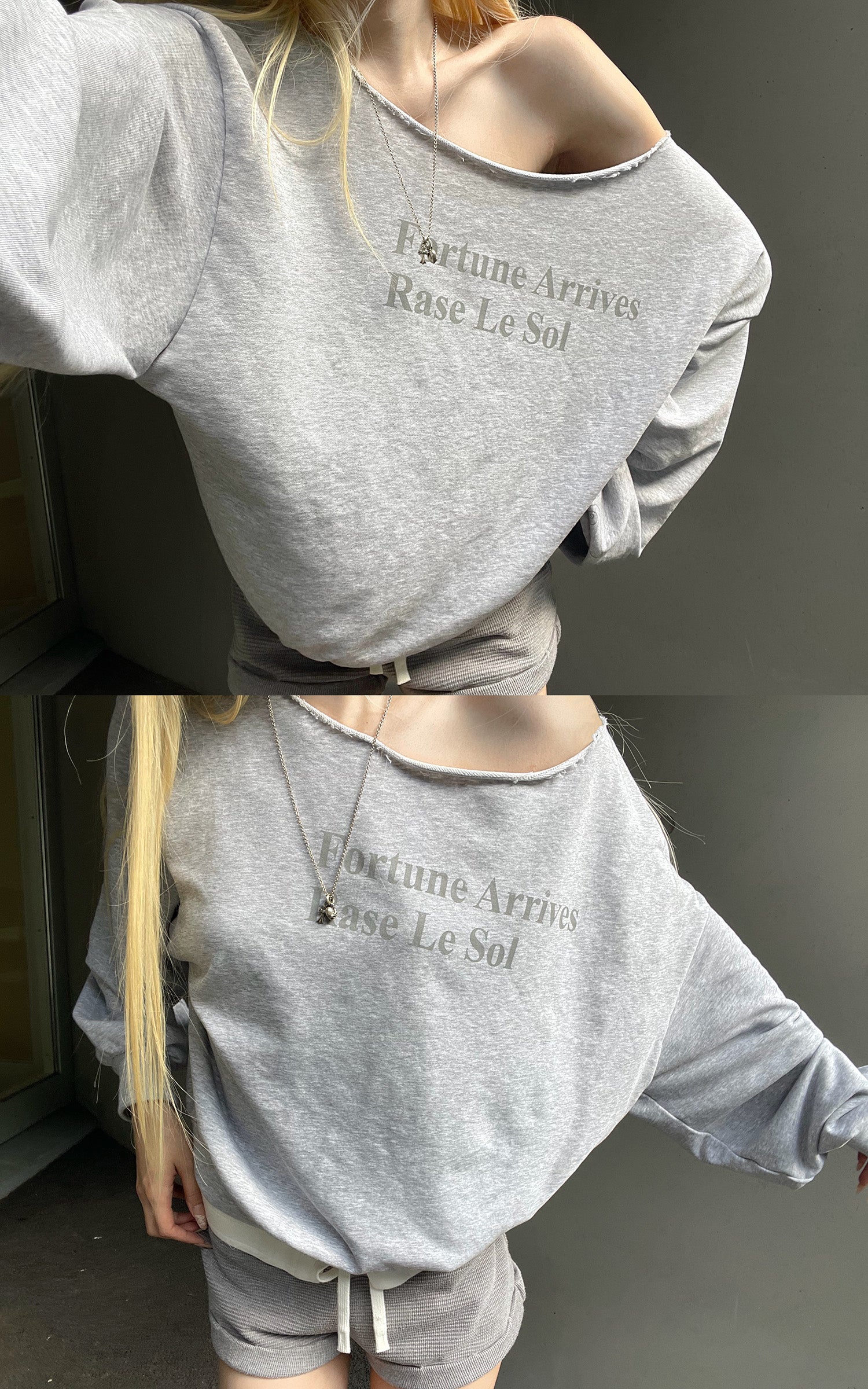 Rase le sol Fortune Arrives Raw Edge Off-Shoulder Oversized Long Sleeve Sweatshirt
