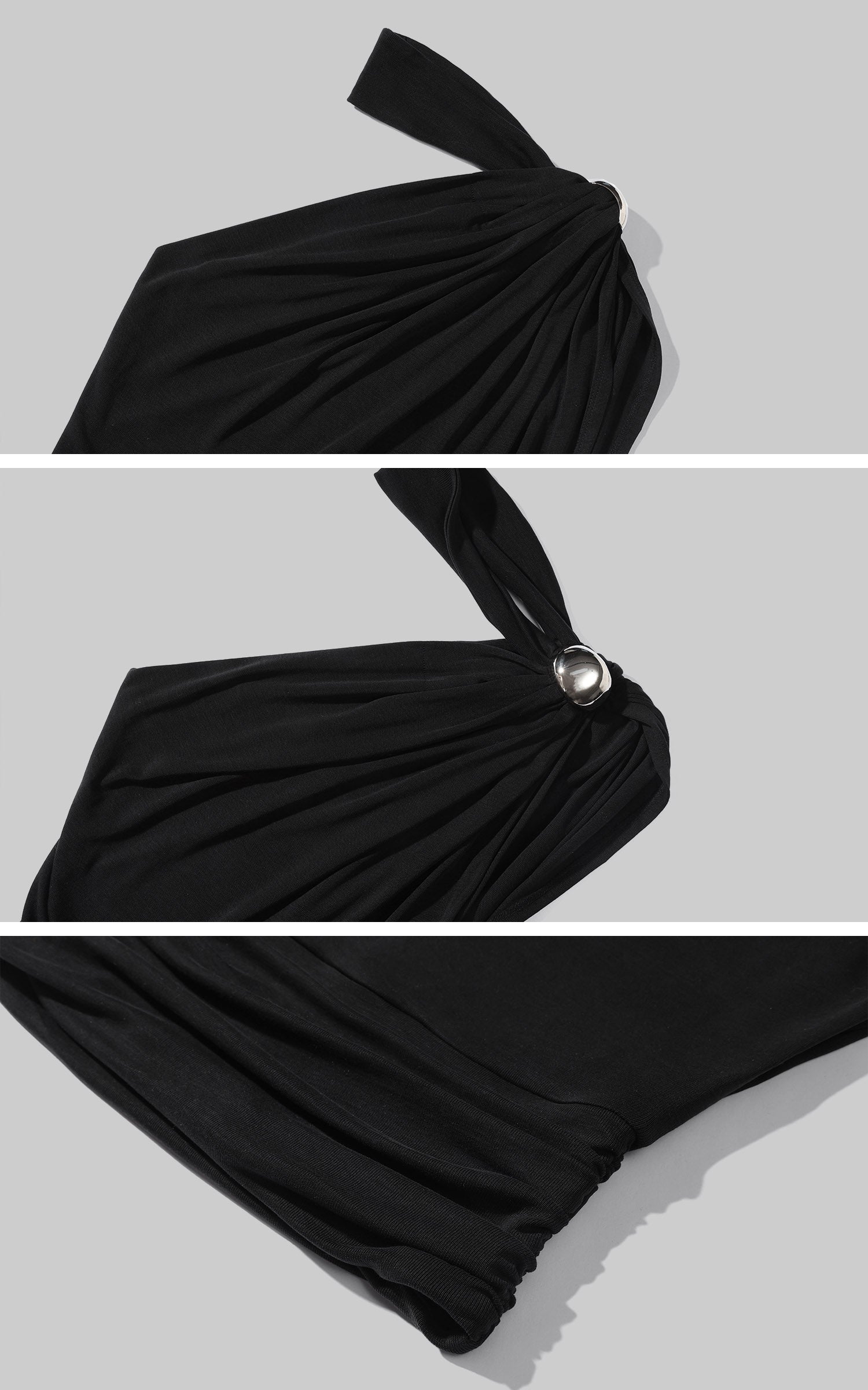 Top asymétrique à col licou drapé, détail anneau métallique, coupe sculptée, sans manches