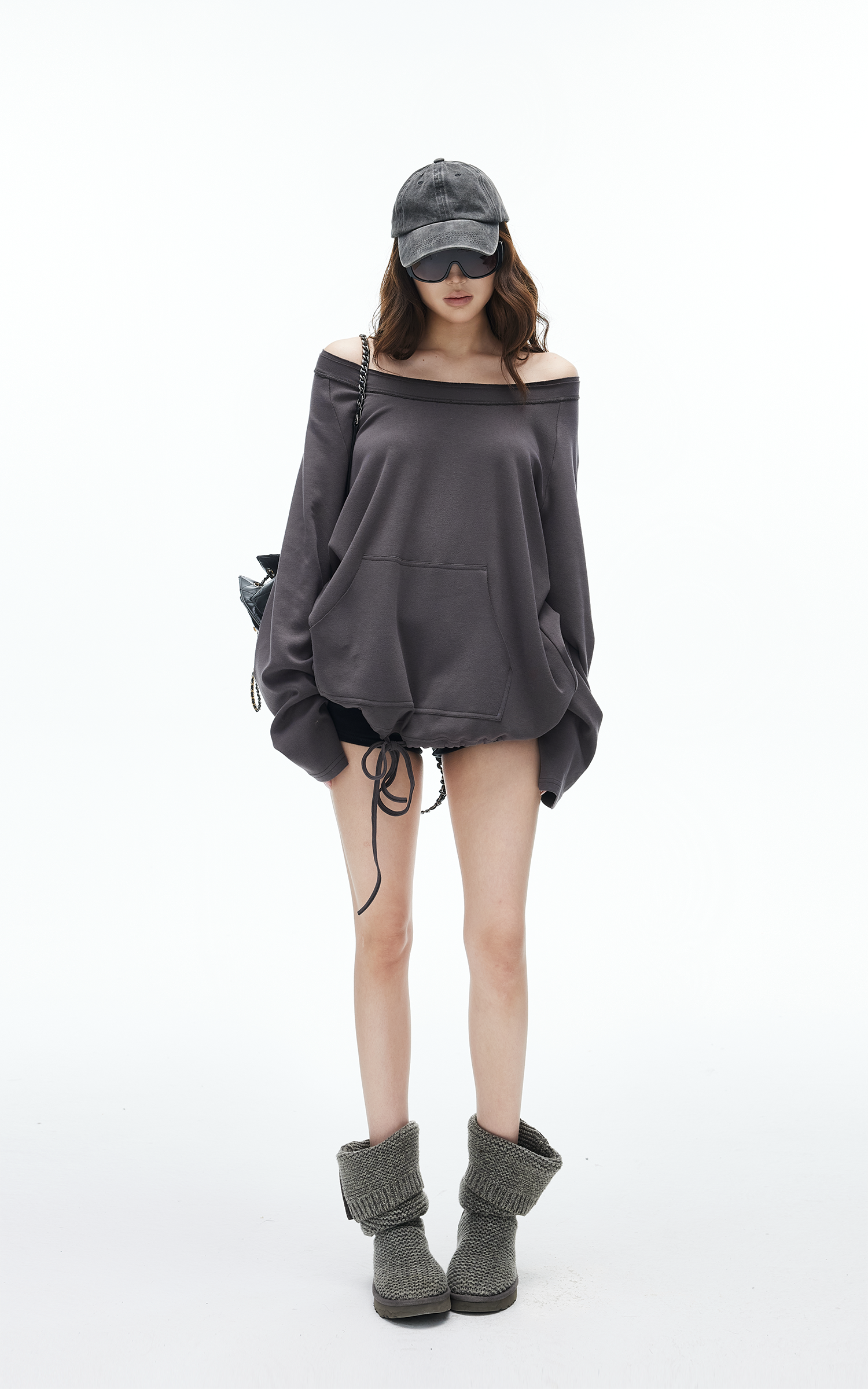 IAMXIAA Off-Shoulder Drawstring Hem Oversized Sweatshirt