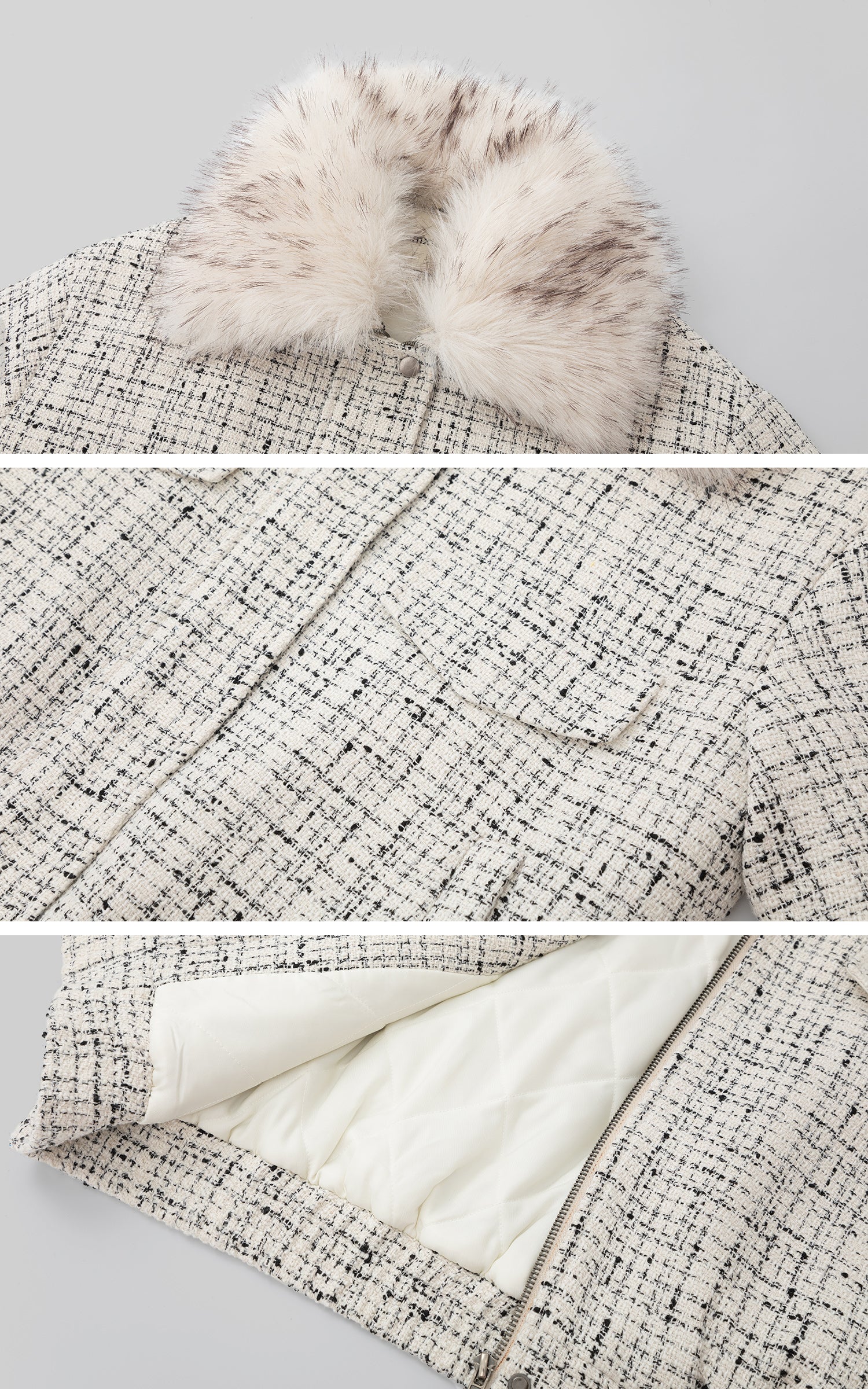 IAMXIAA Faux Fur Collar Tweed Short Jacket Women Winter Padded Cropped Outerwear