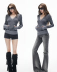 IAMXIAA Pull en maille à rayures col en V avec poches avant