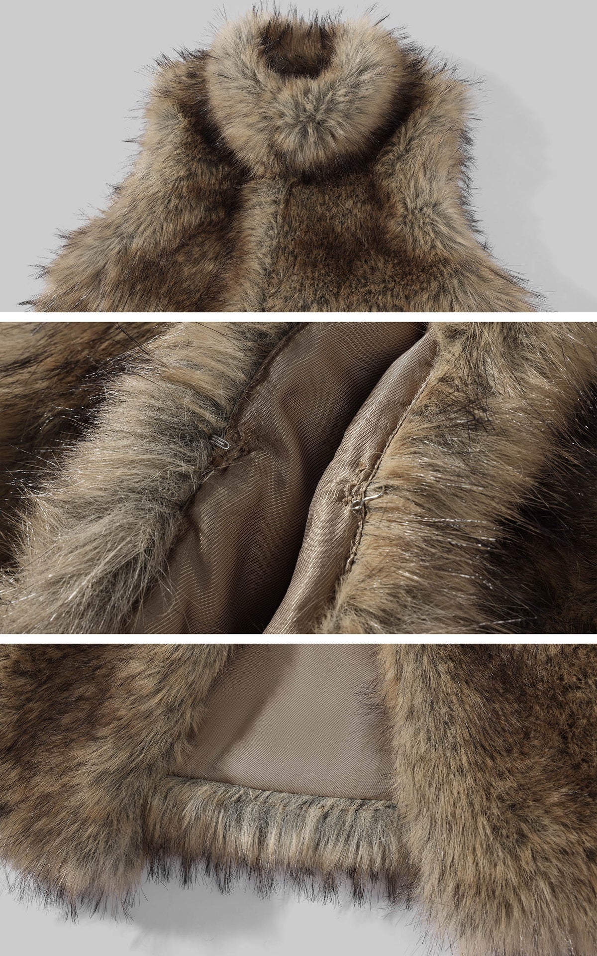 Hydrae Gilet sans manches en fausse fourrure volumineuse avec col montant oversize, fermeture à crochets dissimulée et silhouette décontractée