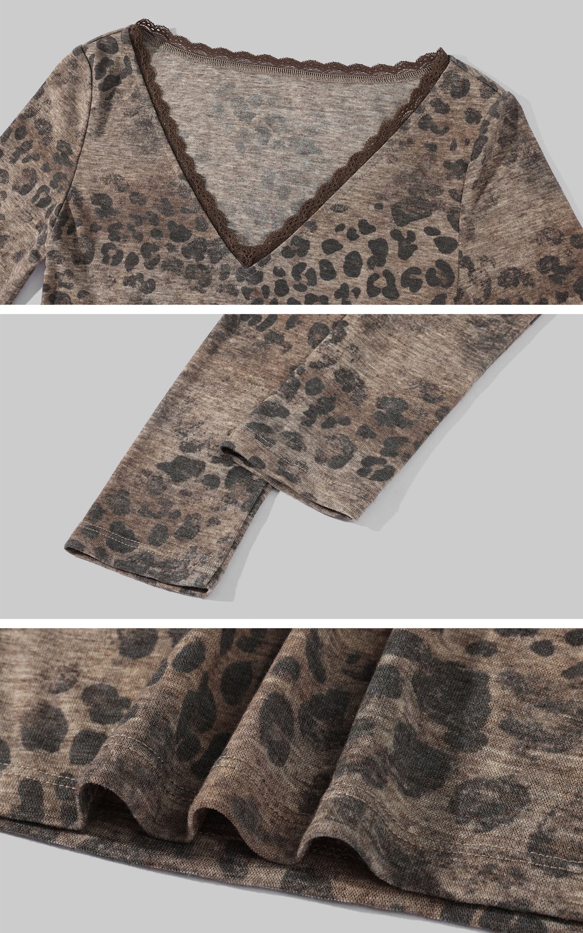 Hydrae Leopard Print Long Sleeve Top With Fitted Silhouette And Lace Trim Details