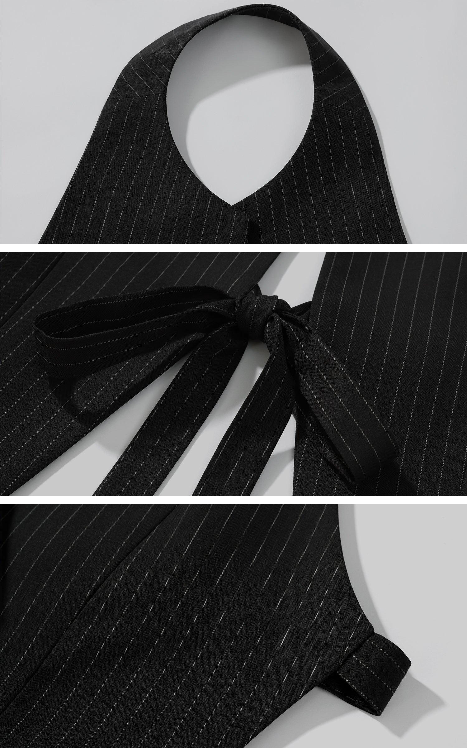 ROVENTE Backless Pinstripe Halter Vest with Front Tie in Black - PINKPARKS