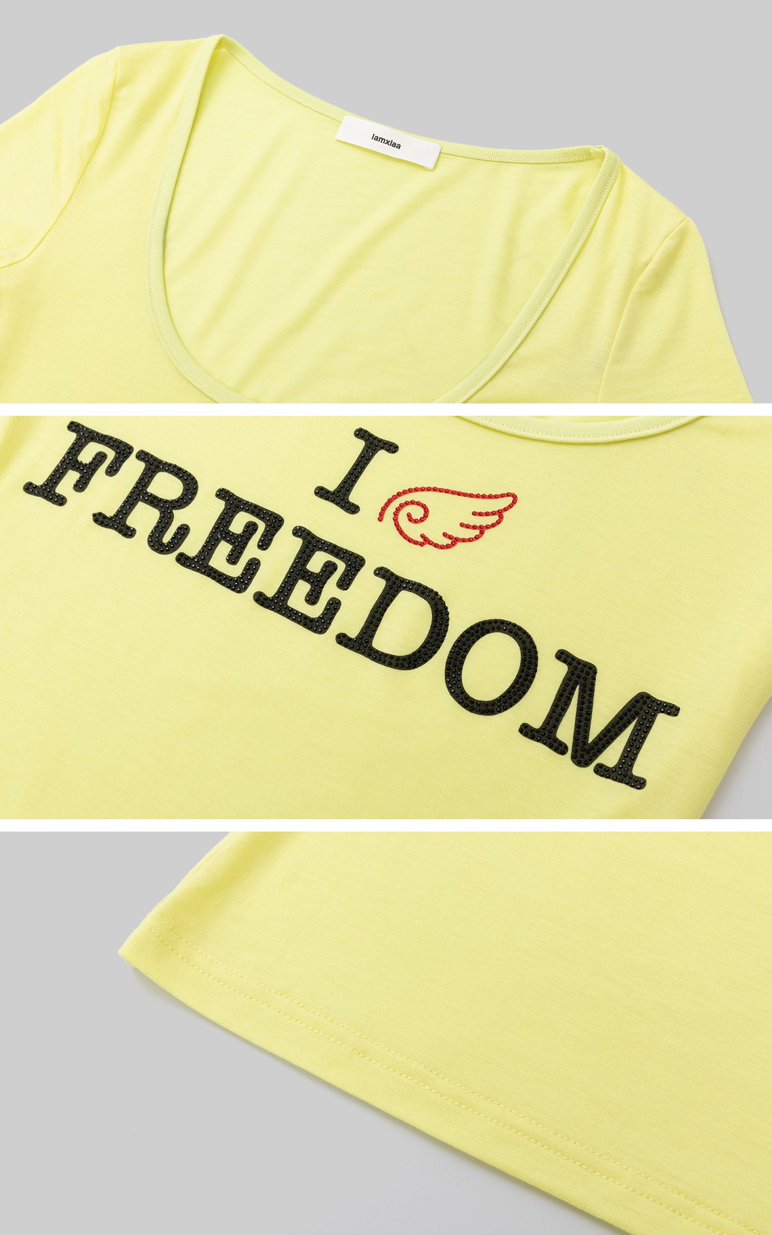 IAMXIAA Freedom Graphic Scoop Neck Fitted Baby Tee with Rhinestone Logo Print