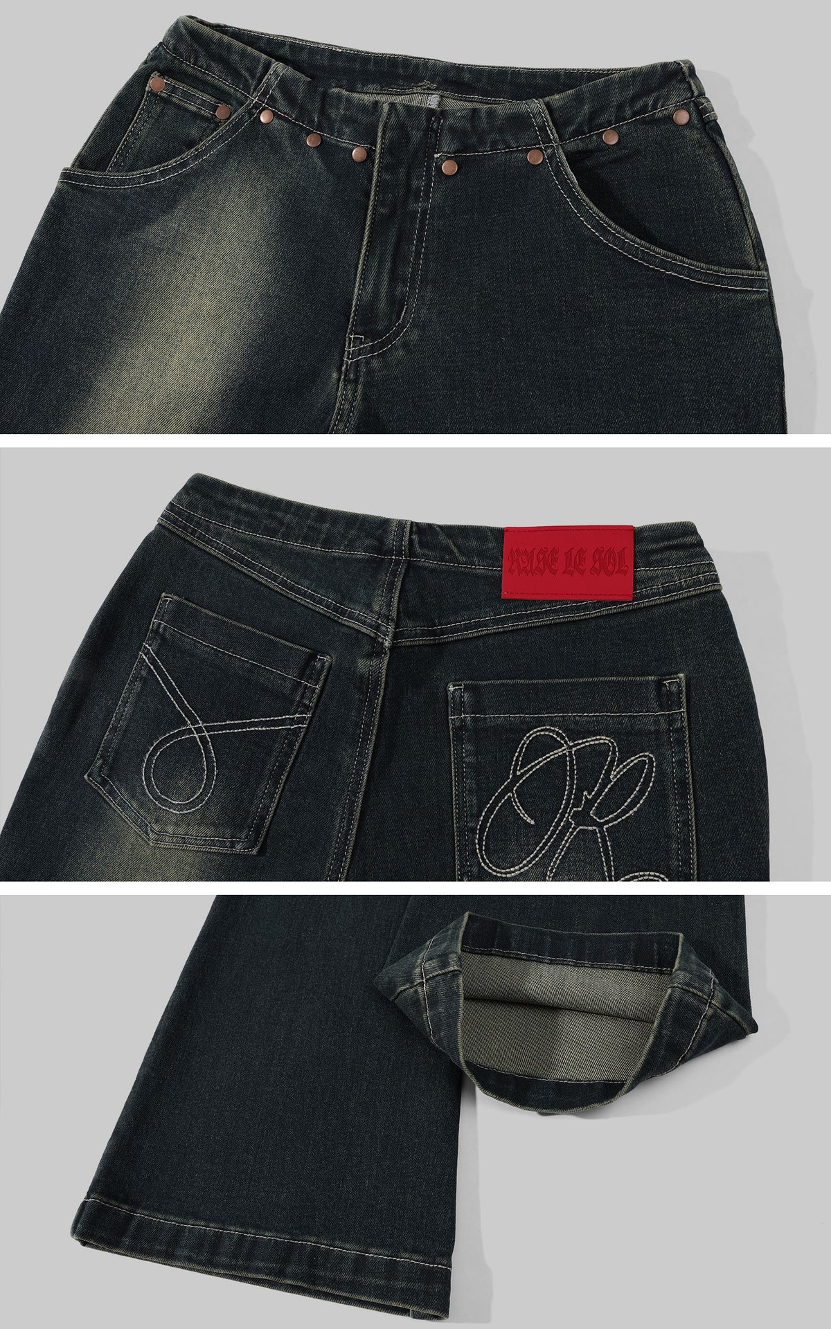 Rase le sol Faded Flared Denim Pants with Copper-Tone Rivets &amp; Embroidered Back Pockets
