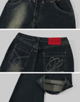 Rase le sol Faded Flared Denim Pants with Copper-Tone Rivets & Embroidered Back Pockets