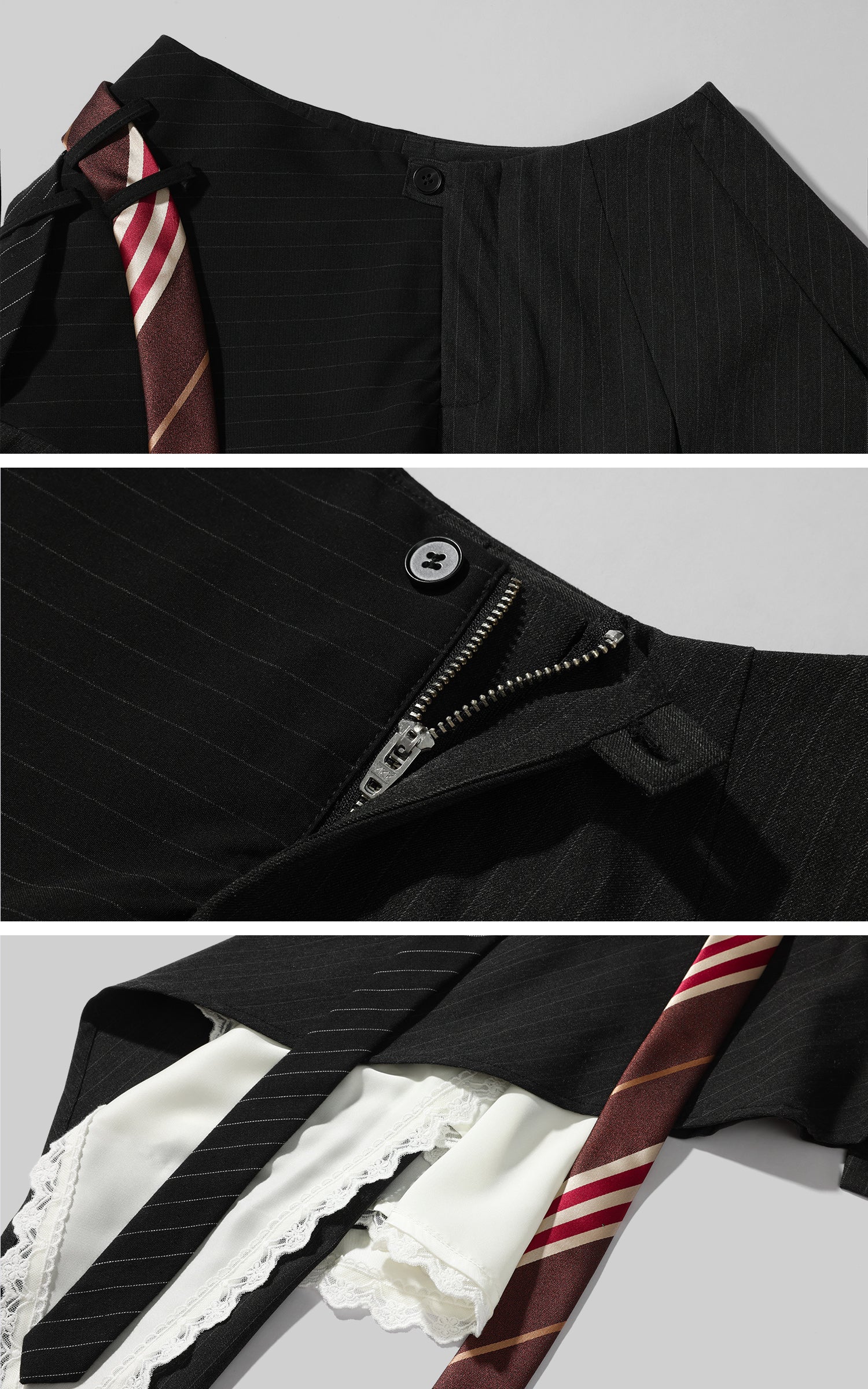 WARDEN EDGE Asymmetric Pinstripe Mini Skirt with Tie Detail and Lace Trim