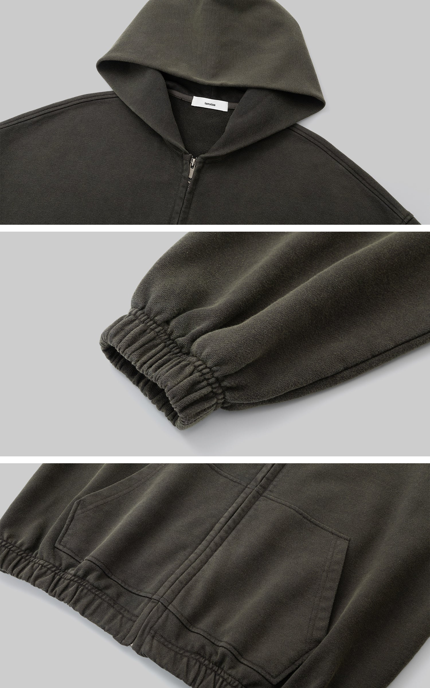 IAMXIAA 빈티지 워시 집업 후디 &amp; 크롭트 스웨트팬츠 세트