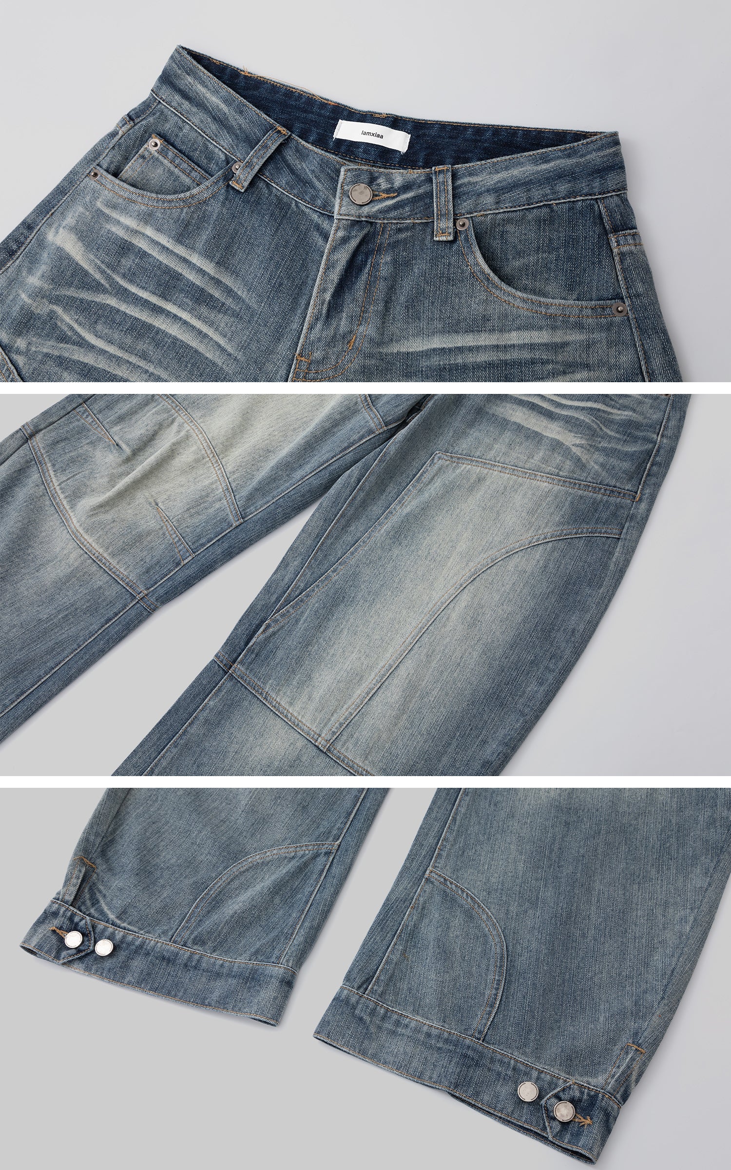 IAMXIAA 곡선 패널 스티치가 돋보이는 구조적인 와이드 데님 팬츠