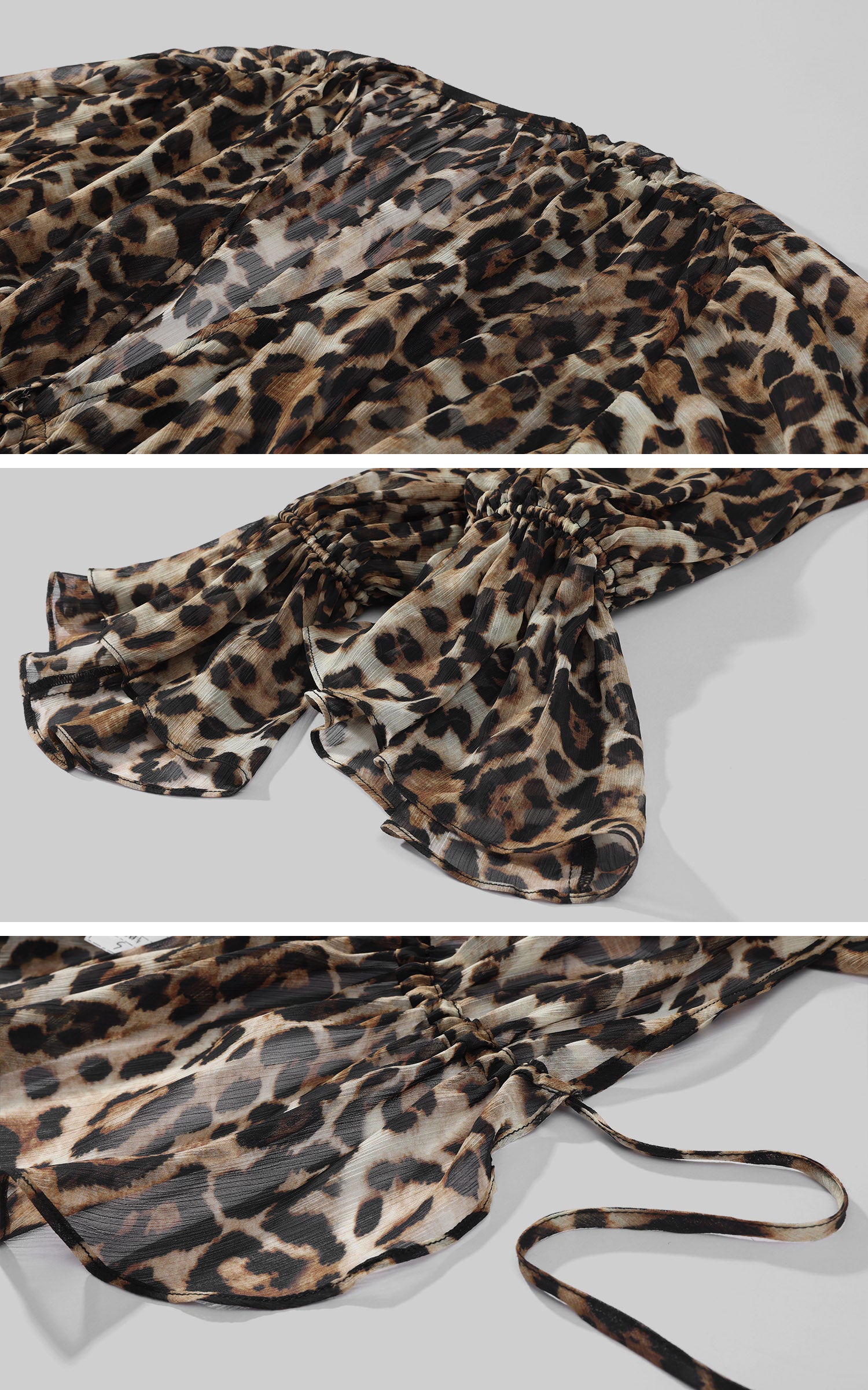 ROVENTE Leopard Chiffon Deep V Ruched Tie-Front Flared Blouse