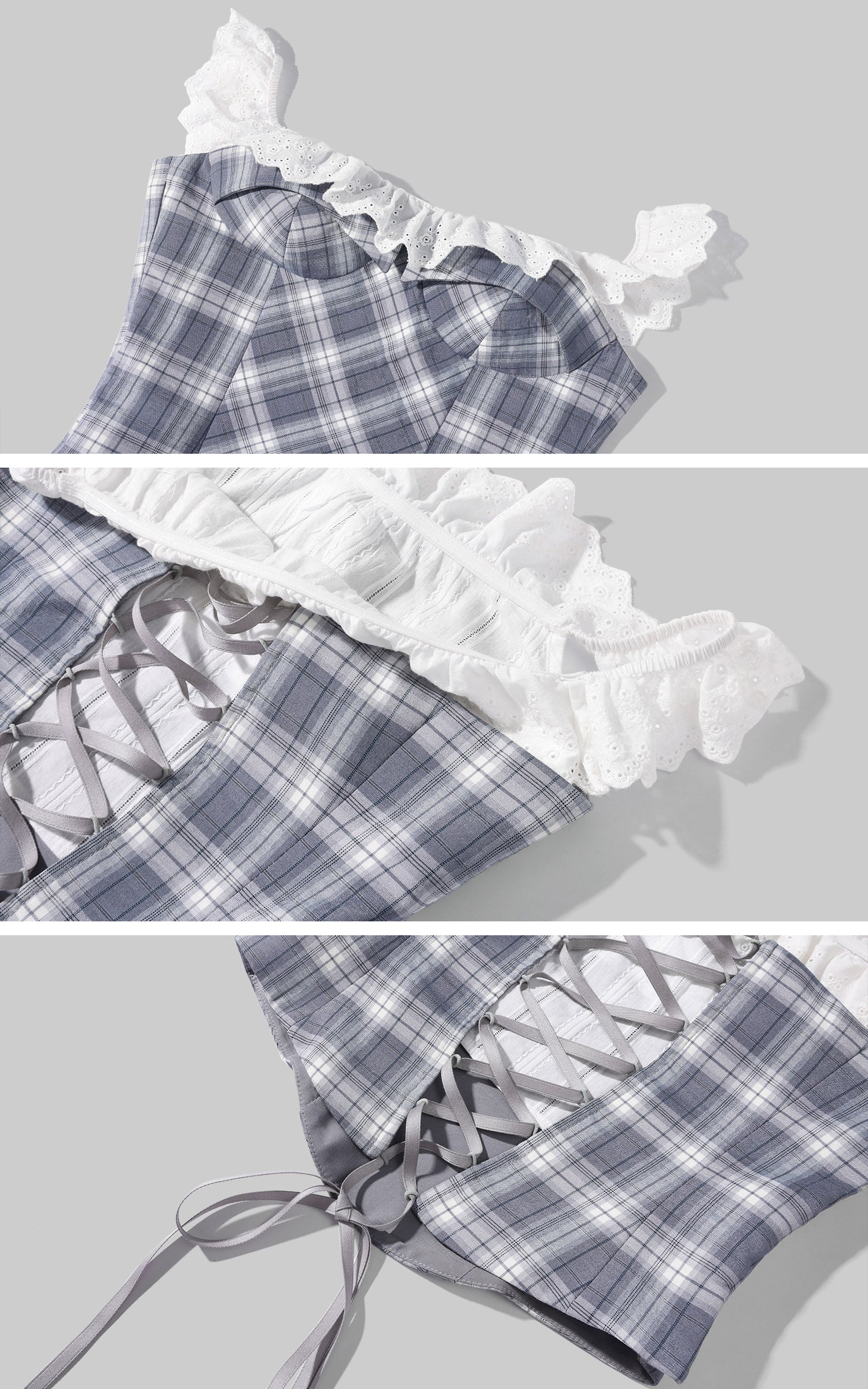WARDEN EDGE Off Shoulder Plaid Corset Top Lace Trim Structured