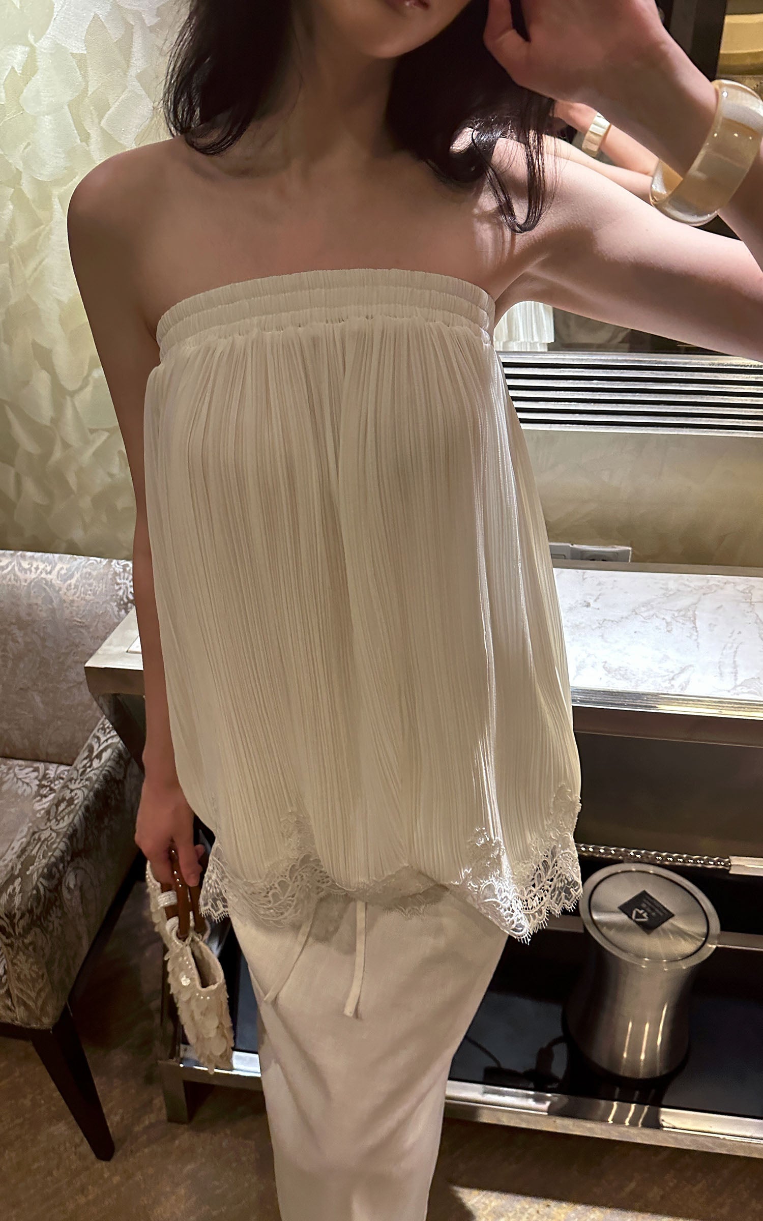 0122stepll Pleated Tube Top &amp; Long Skirt Set