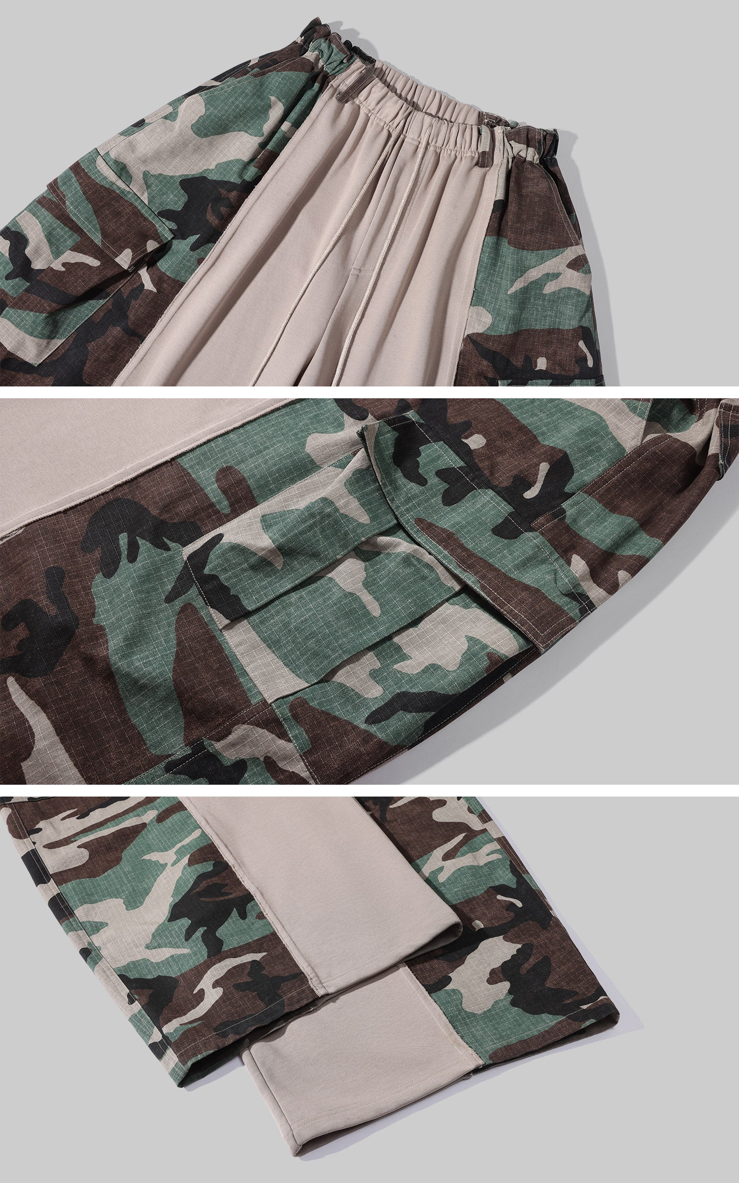 WARDEN EDGE Camo Panel Wide Leg Pants Drawstring Utility Cargo Pants