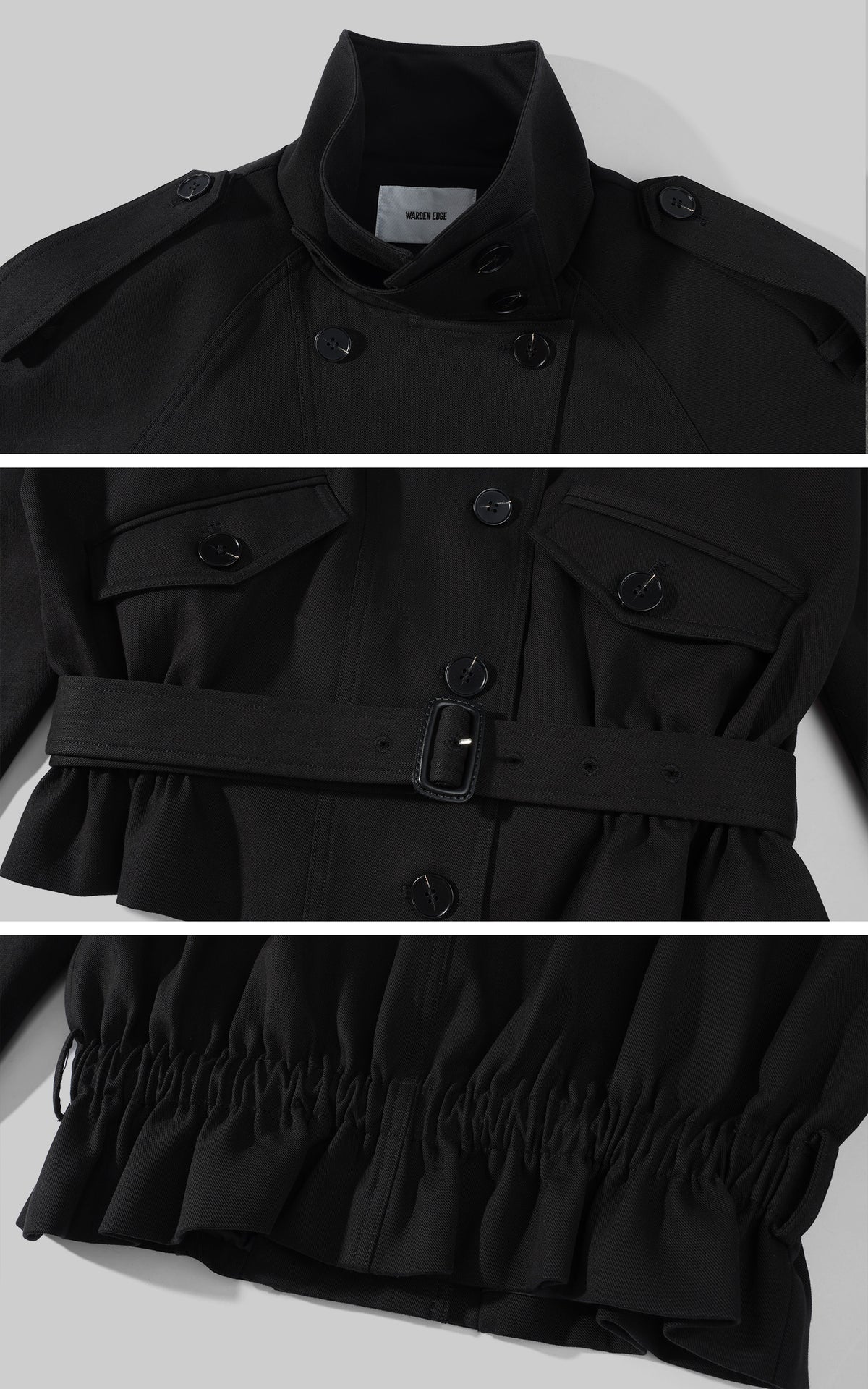 WARDEN EDGE High Collar Belted Peplum Jacket