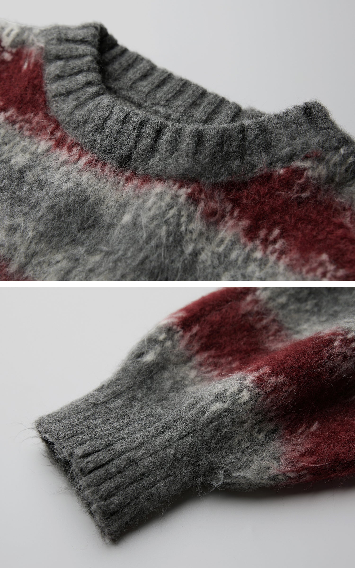 DOINDULGE Striped Fuzzy Knit Sweater Oversized Pullover Red Grey