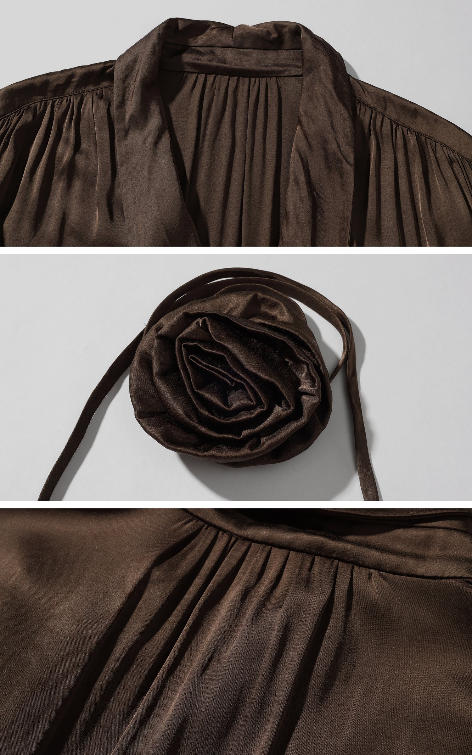 ROVENTE Draped Satin Crop Blouse with Removable Rose Choker
