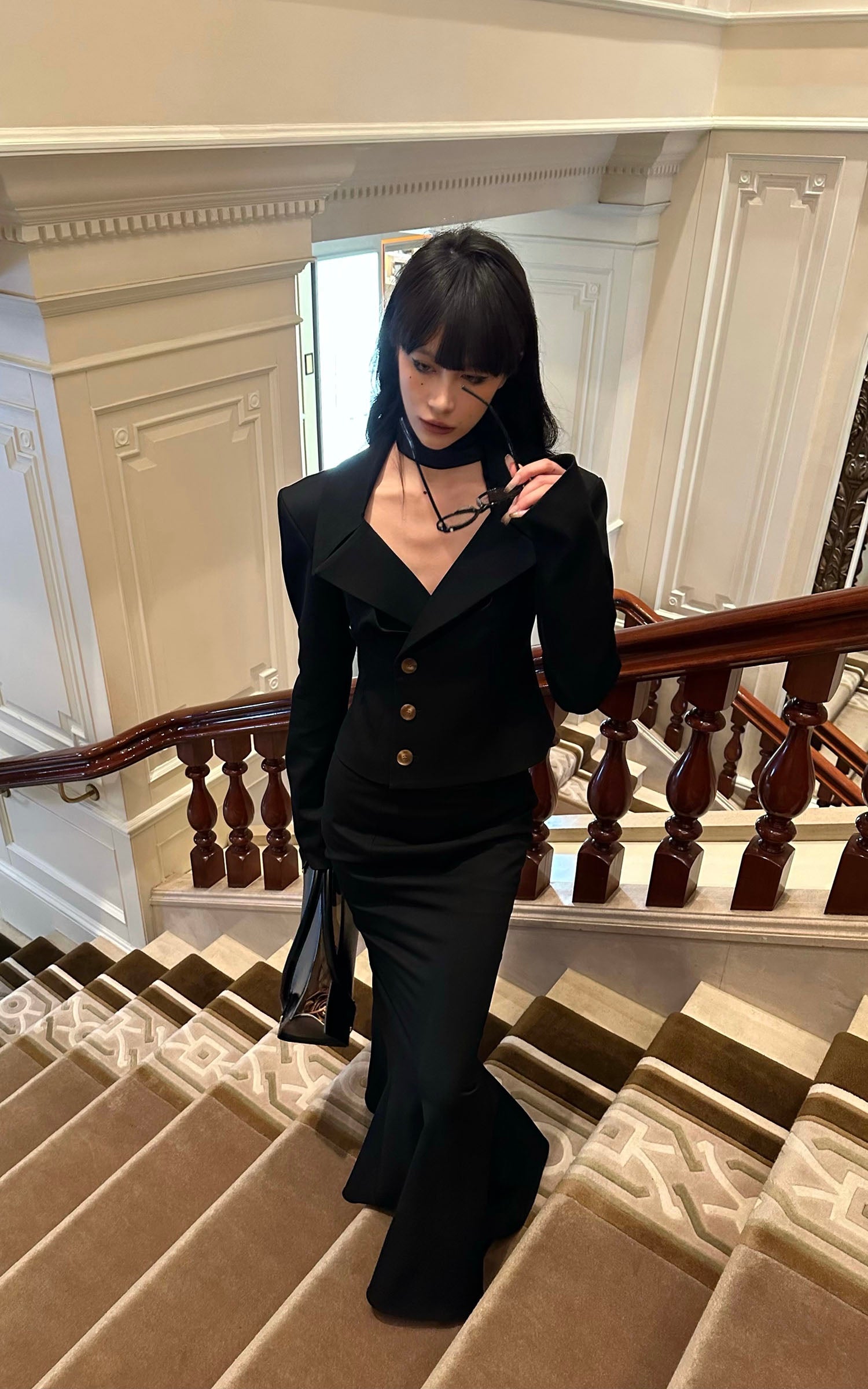 0122stepll Ensemble Blazer Ajusté à Col en V &amp; Jupe