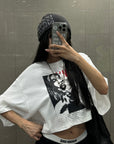 WARDEN EDGE Distressed Portrait Graphic Oversized Cropped Tee - PINKPARKS