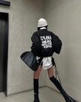 WARDEN EDGE Oversized Bomber Jacket with Slogan Back Print