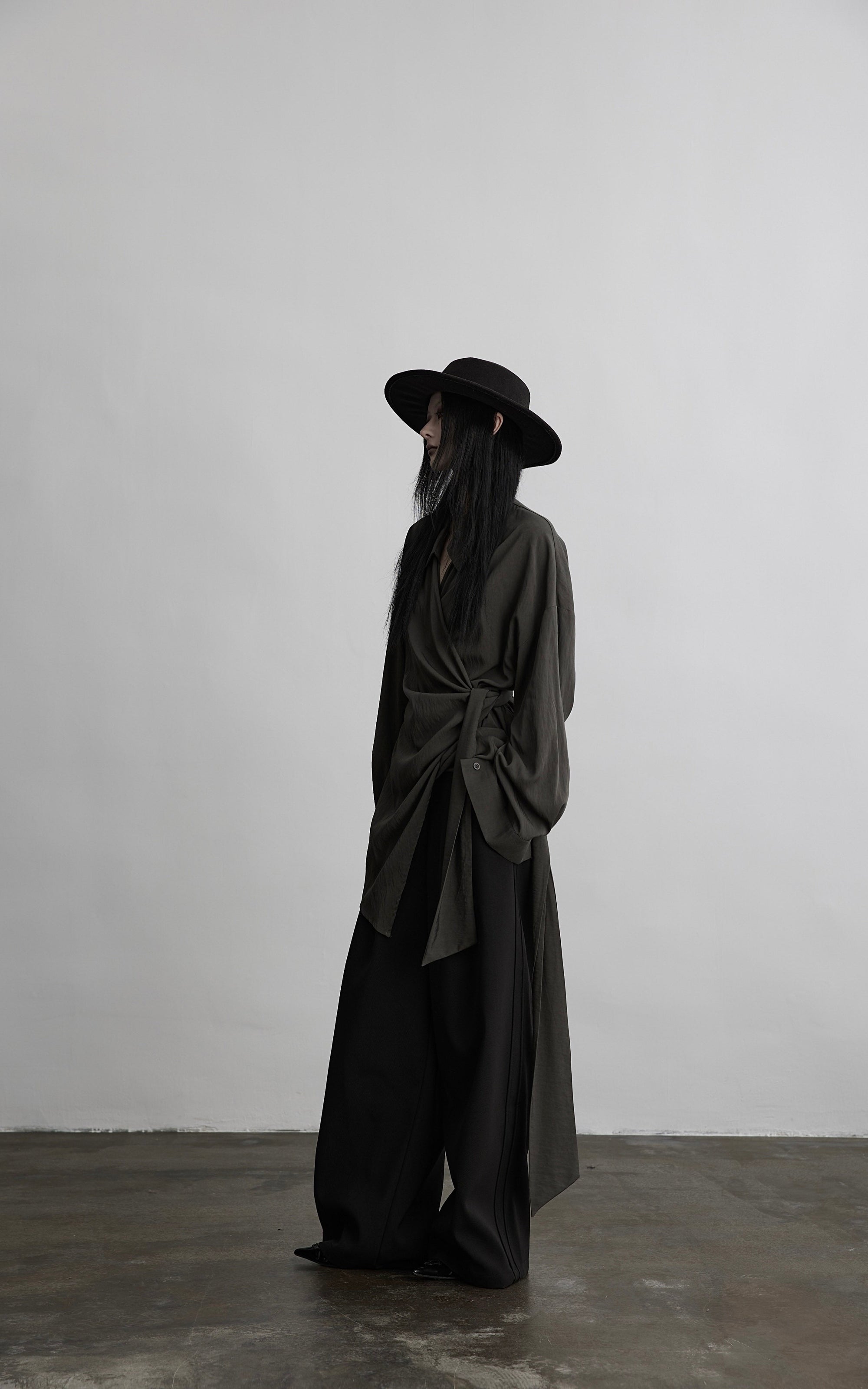 DOINDULGE Draped Wrap Shirt with Asymmetric Tie Waist