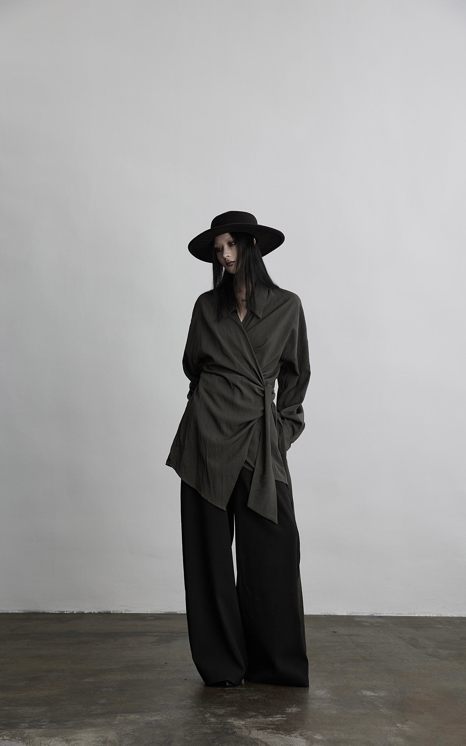 DOINDULGE Draped Wrap Shirt with Asymmetric Tie Waist