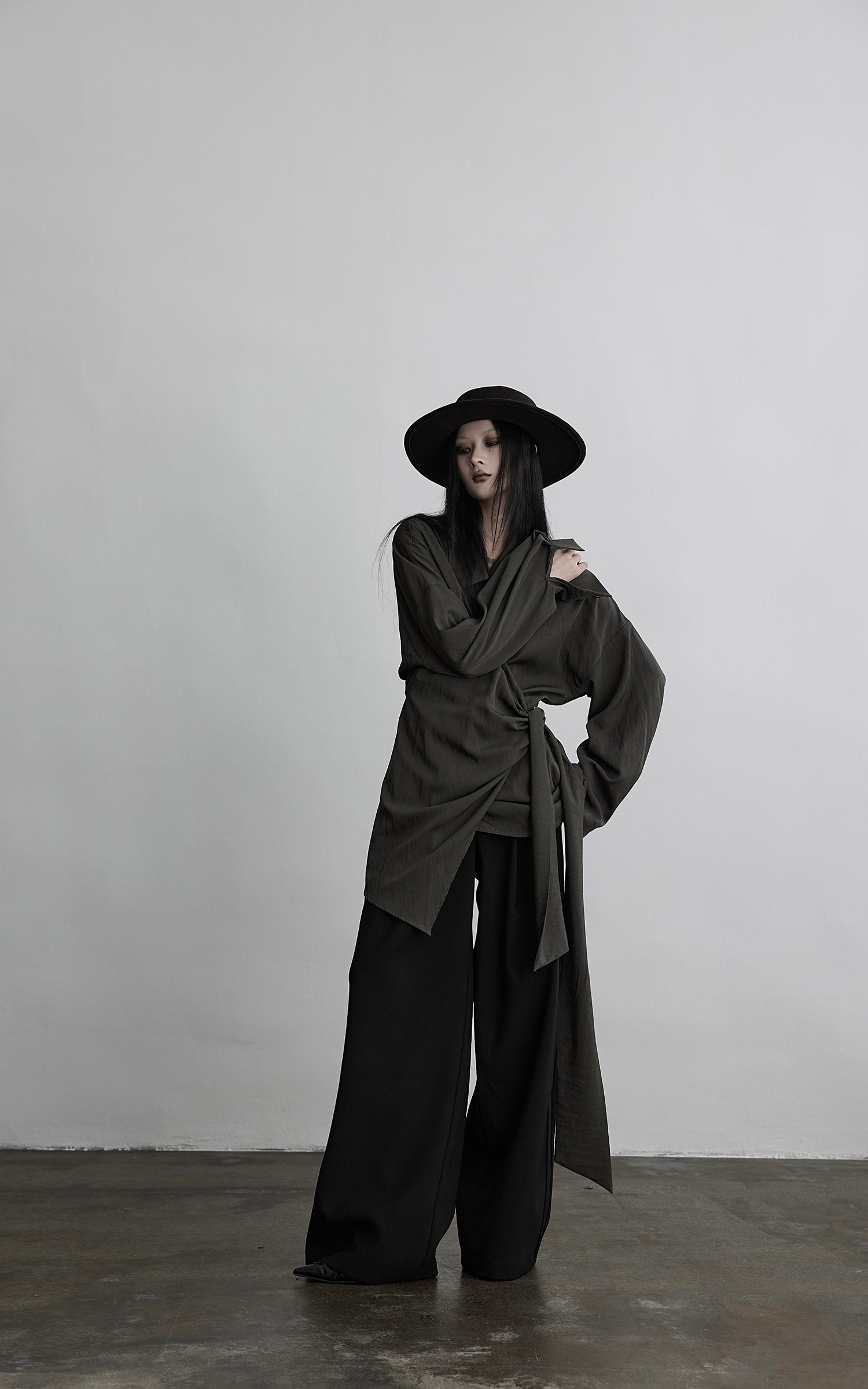 DOINDULGE Draped Wrap Shirt with Asymmetric Tie Waist