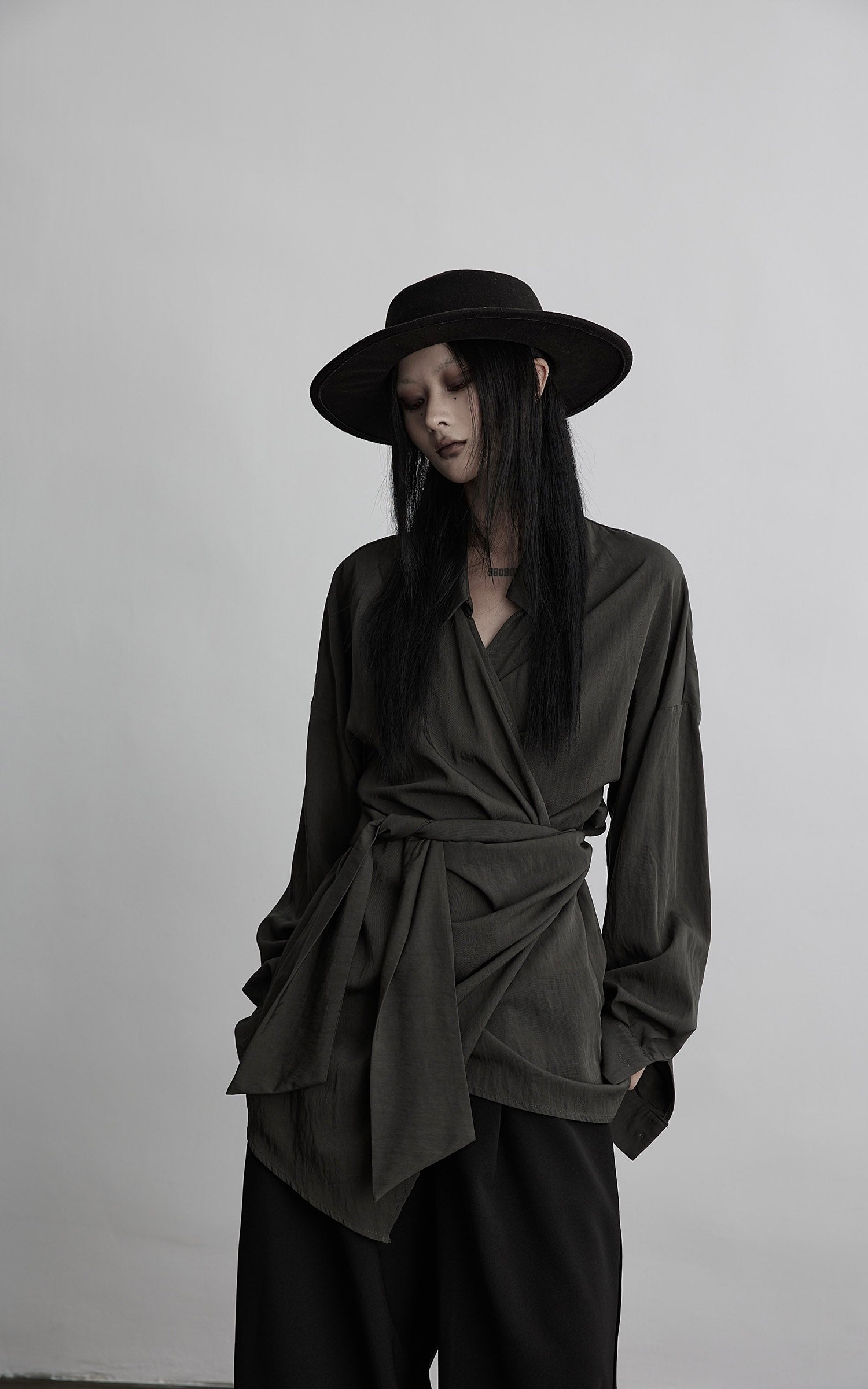 DOINDULGE Draped Wrap Shirt with Asymmetric Tie Waist