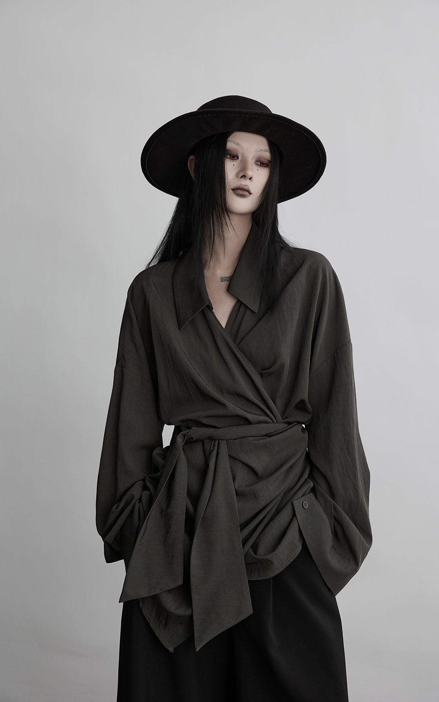 DOINDULGE Draped Wrap Shirt with Asymmetric Tie Waist