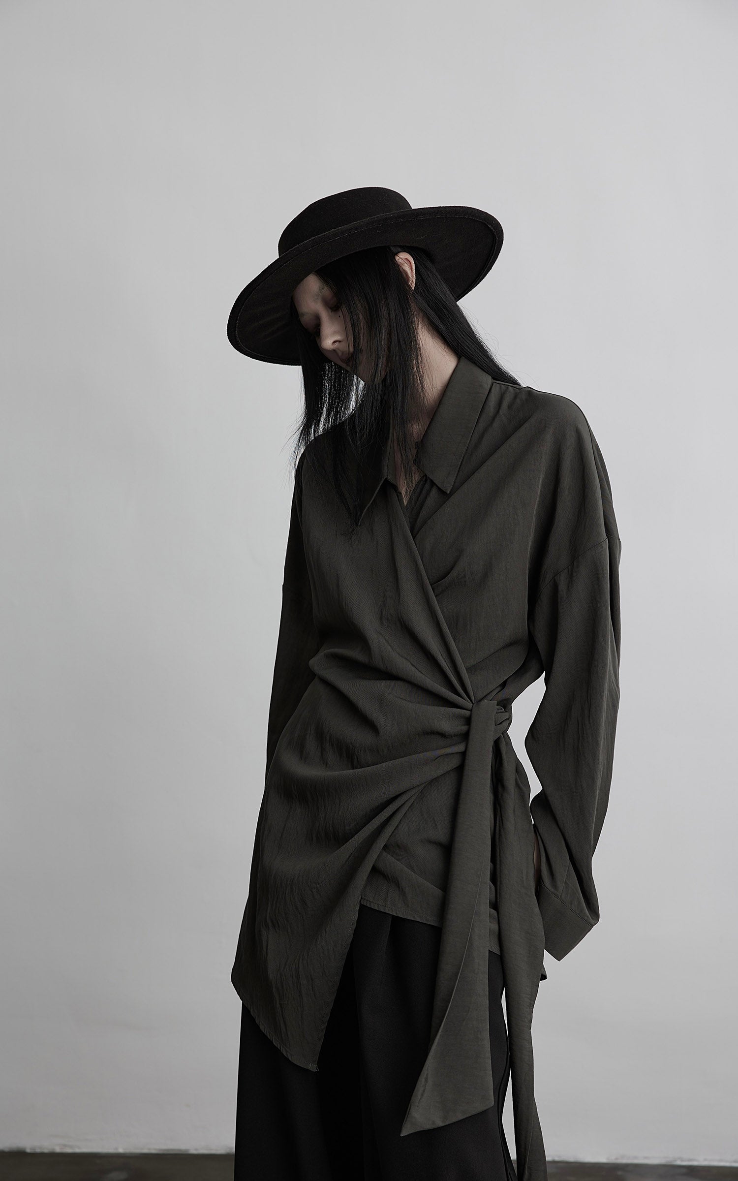 DOINDULGE Draped Wrap Shirt with Asymmetric Tie Waist