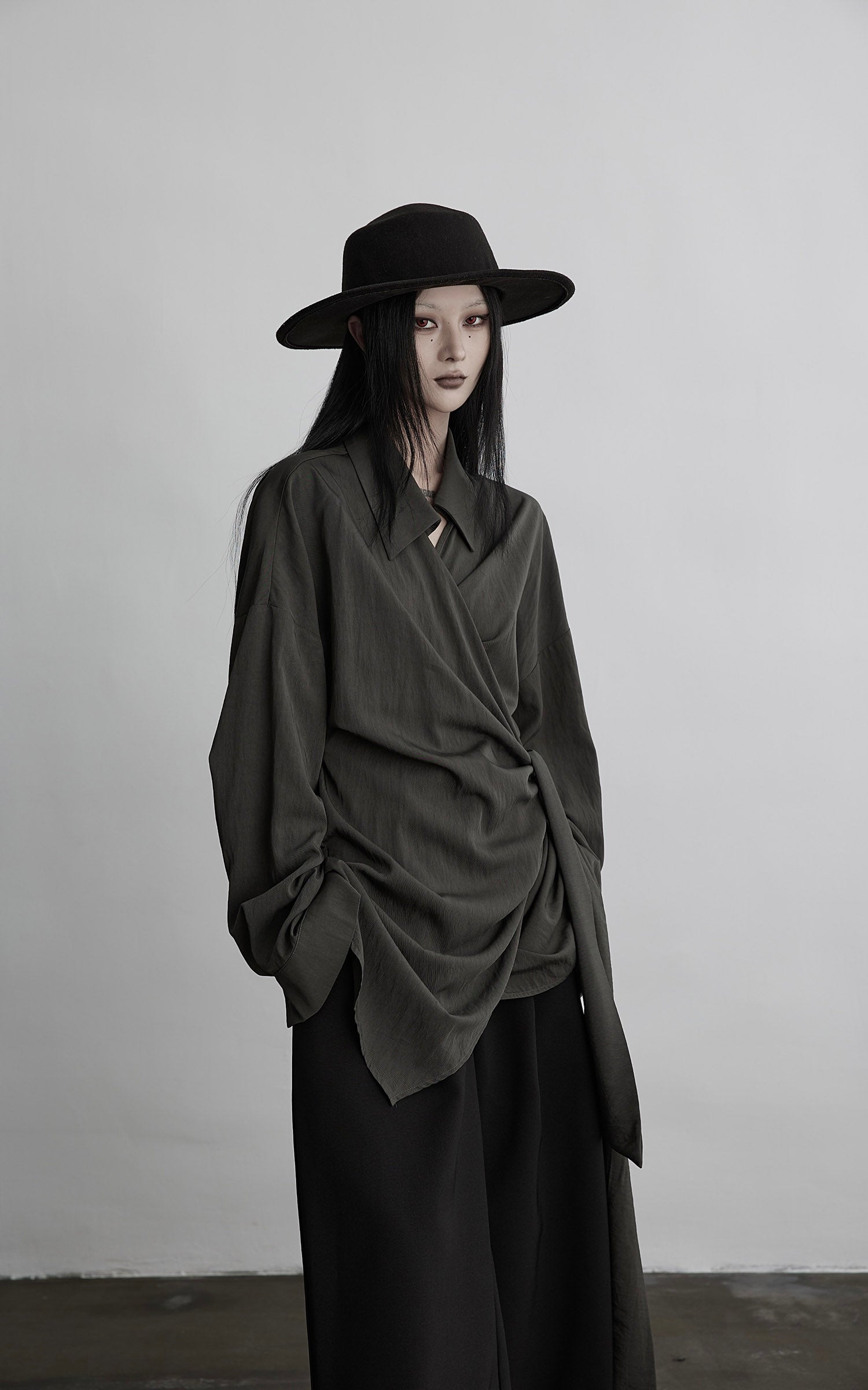 DOINDULGE Draped Wrap Shirt with Asymmetric Tie Waist