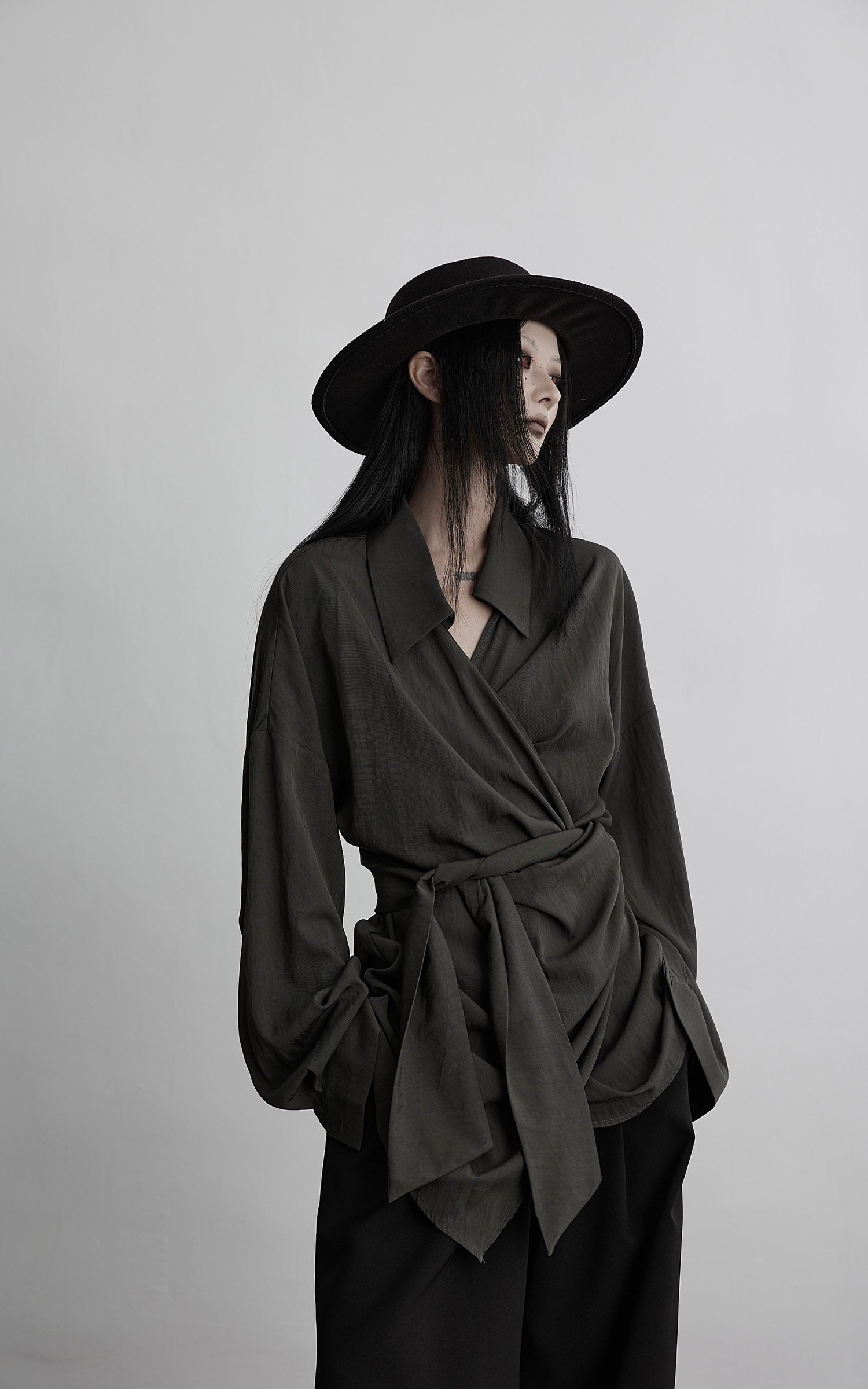DOINDULGE Draped Wrap Shirt with Asymmetric Tie Waist