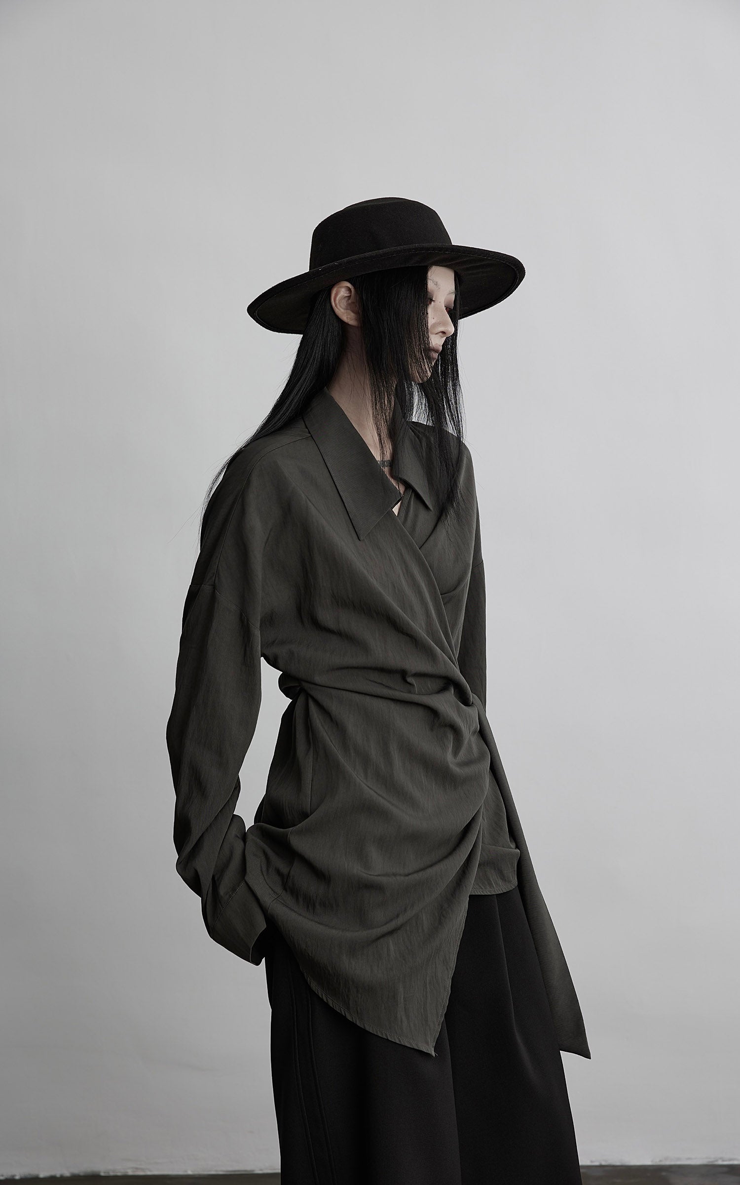 DOINDULGE Draped Wrap Shirt with Asymmetric Tie Waist