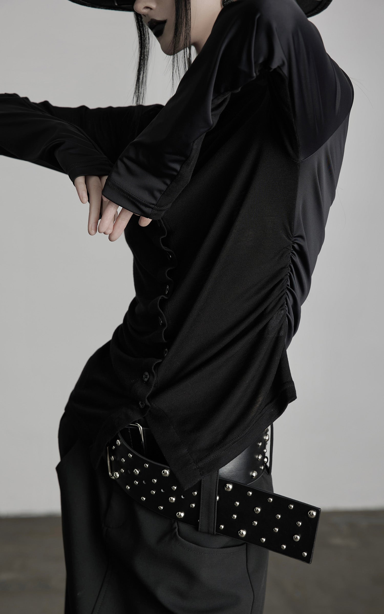 DOINDULGE Draped Ruched Button-Up Shirt
