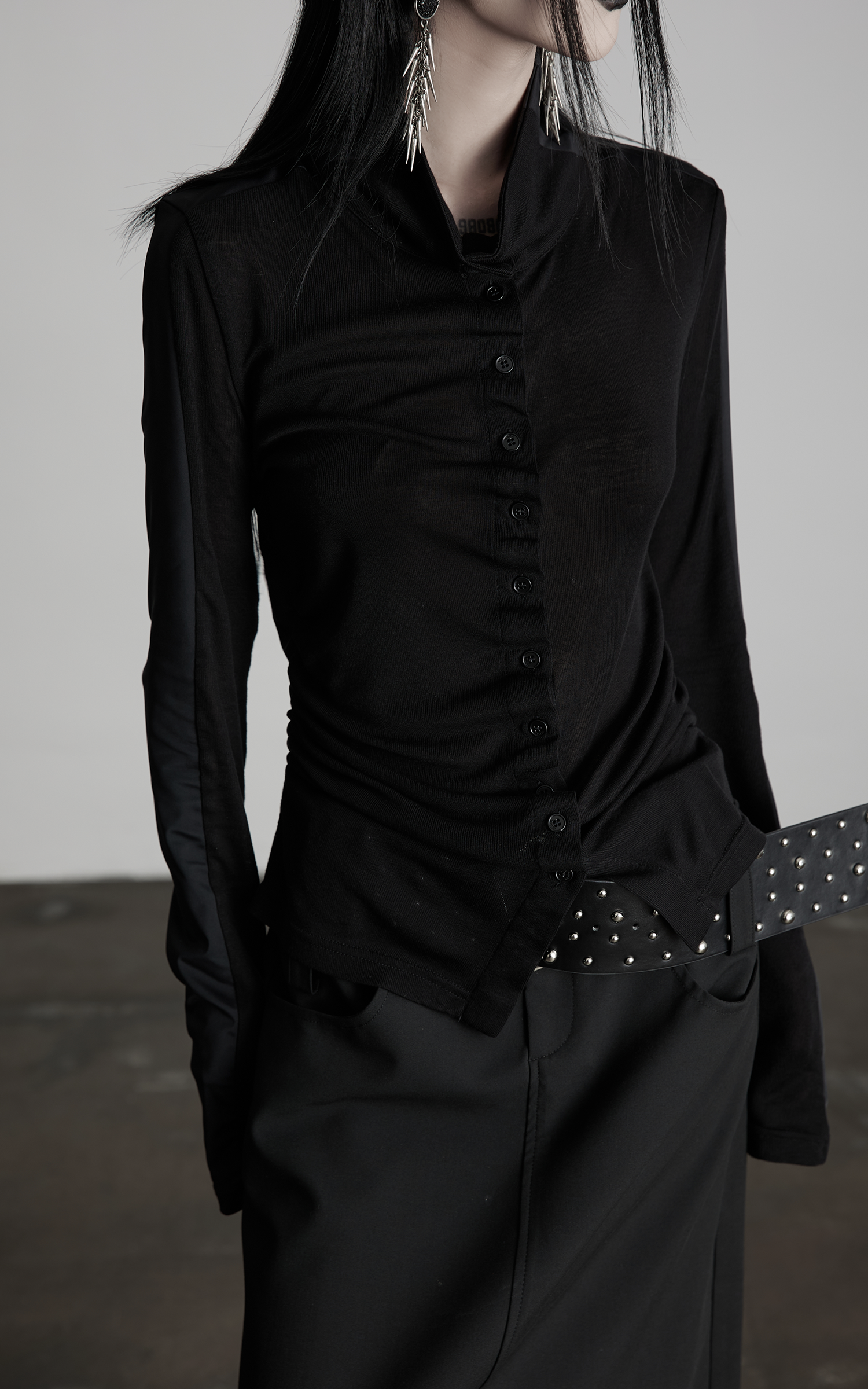 DOINDULGE Draped Ruched Button-Up Shirt