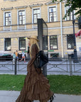 （下架）Rase le sol'Urban nomadism' 갈색 체크 패턴의 짧은 셔츠와 미디 스커트 세트