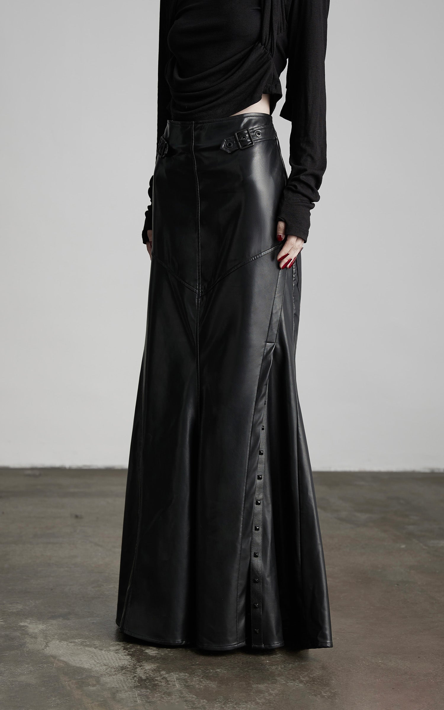 DOINDULGE Paneled Faux Leather Maxi Skirt with Stud Detail