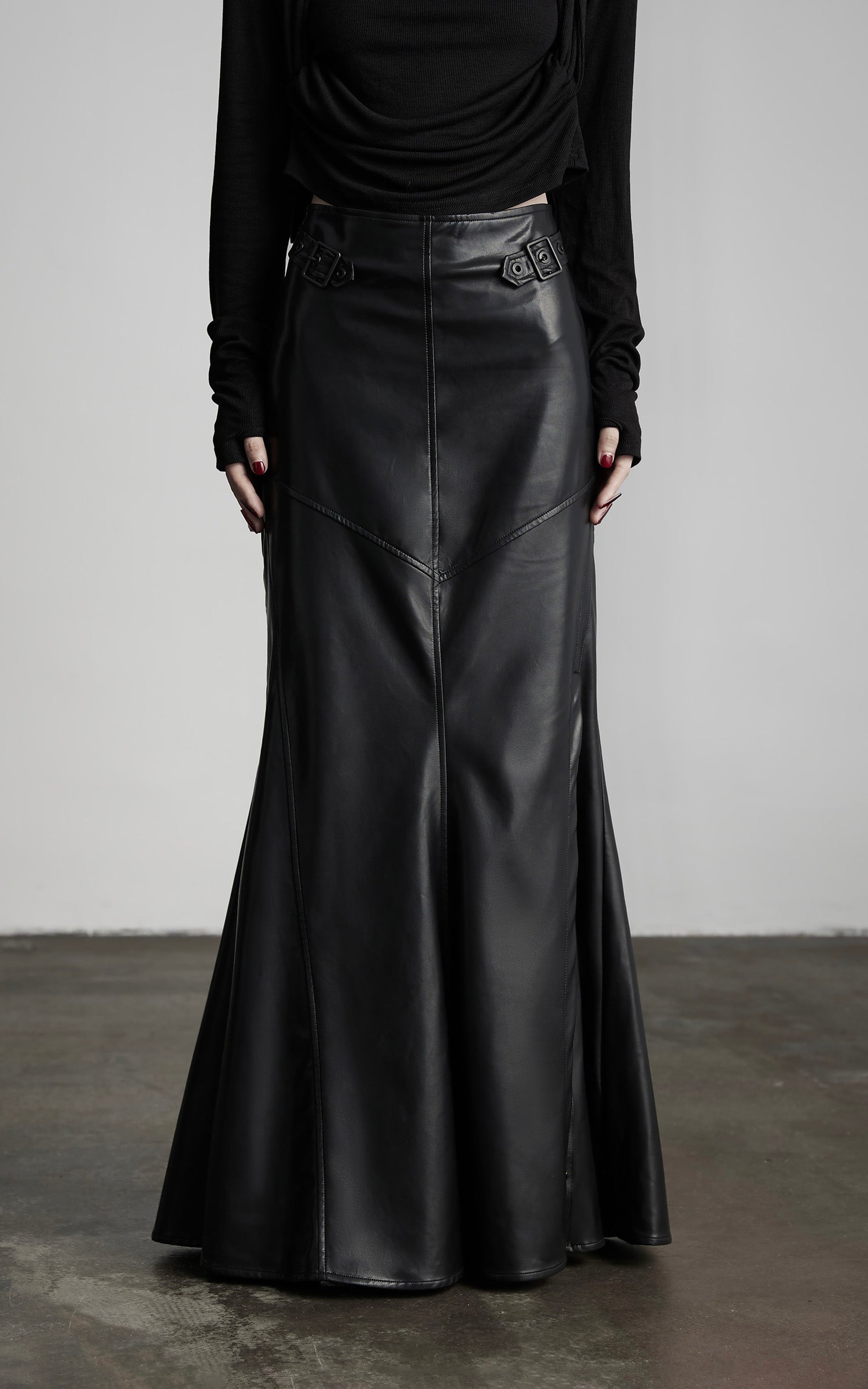 DOINDULGE Paneled Faux Leather Maxi Skirt with Stud Detail