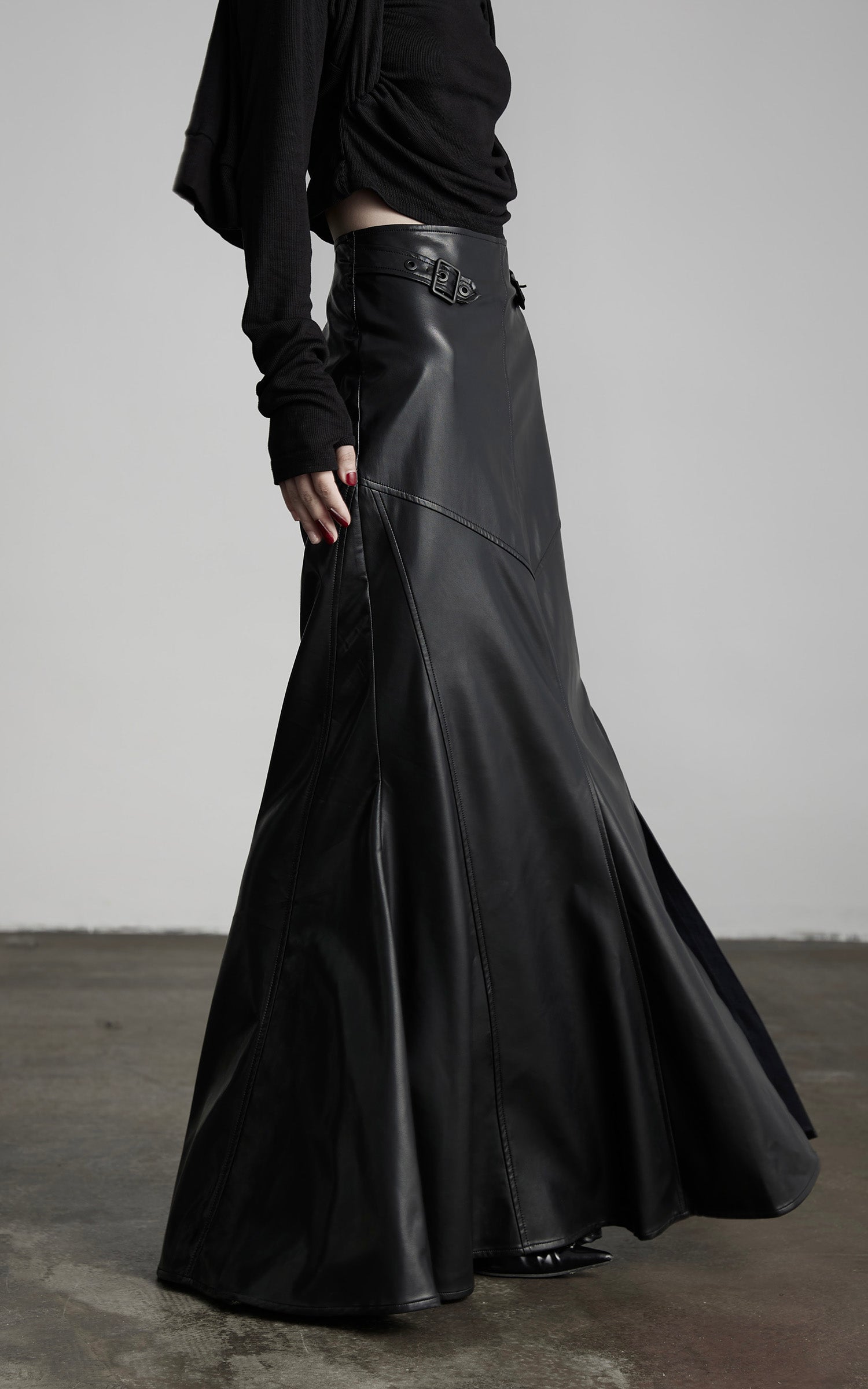 DOINDULGE Paneled Faux Leather Maxi Skirt with Stud Detail