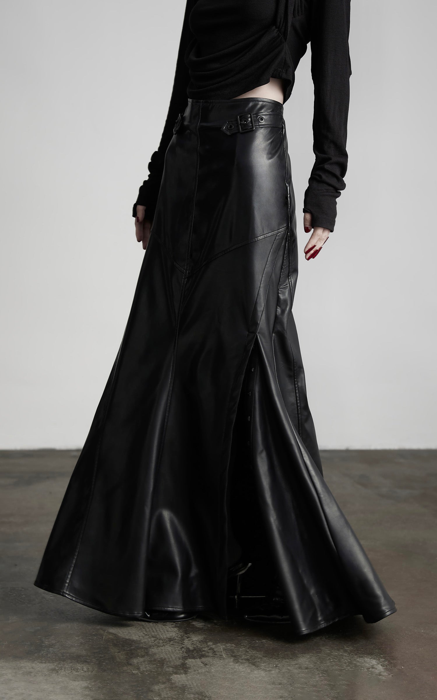 DOINDULGE Paneled Faux Leather Maxi Skirt with Stud Detail