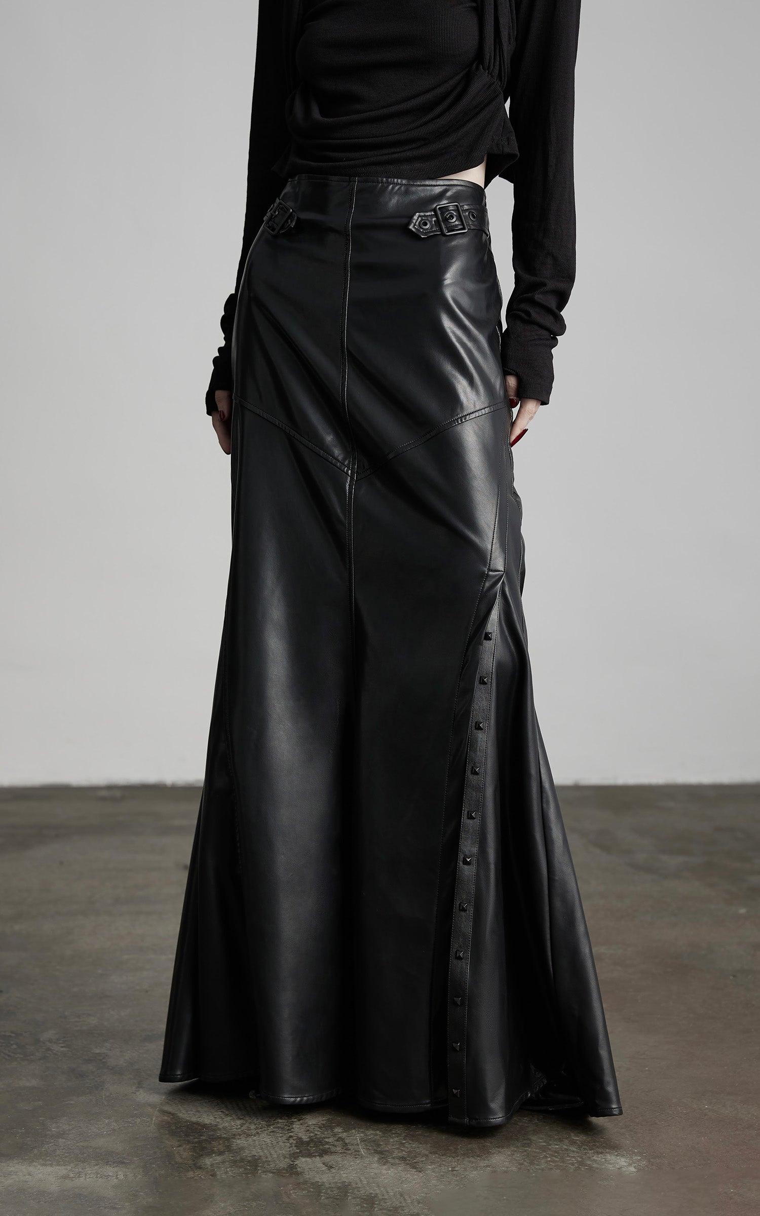 DOINDULGE Paneled Faux Leather Maxi Skirt with Stud Detail