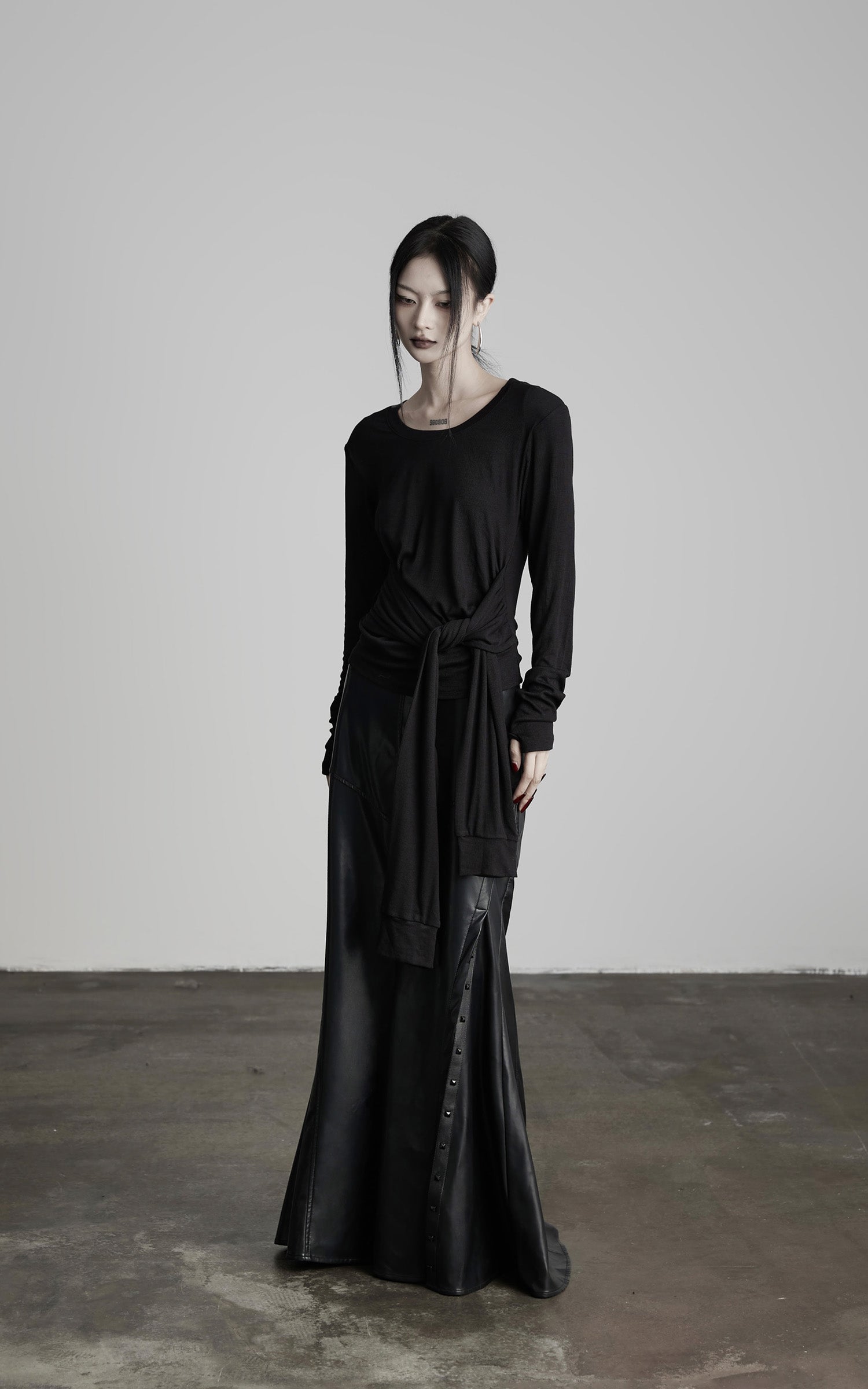 DOINDULGE Paneled Faux Leather Maxi Skirt with Stud Detail