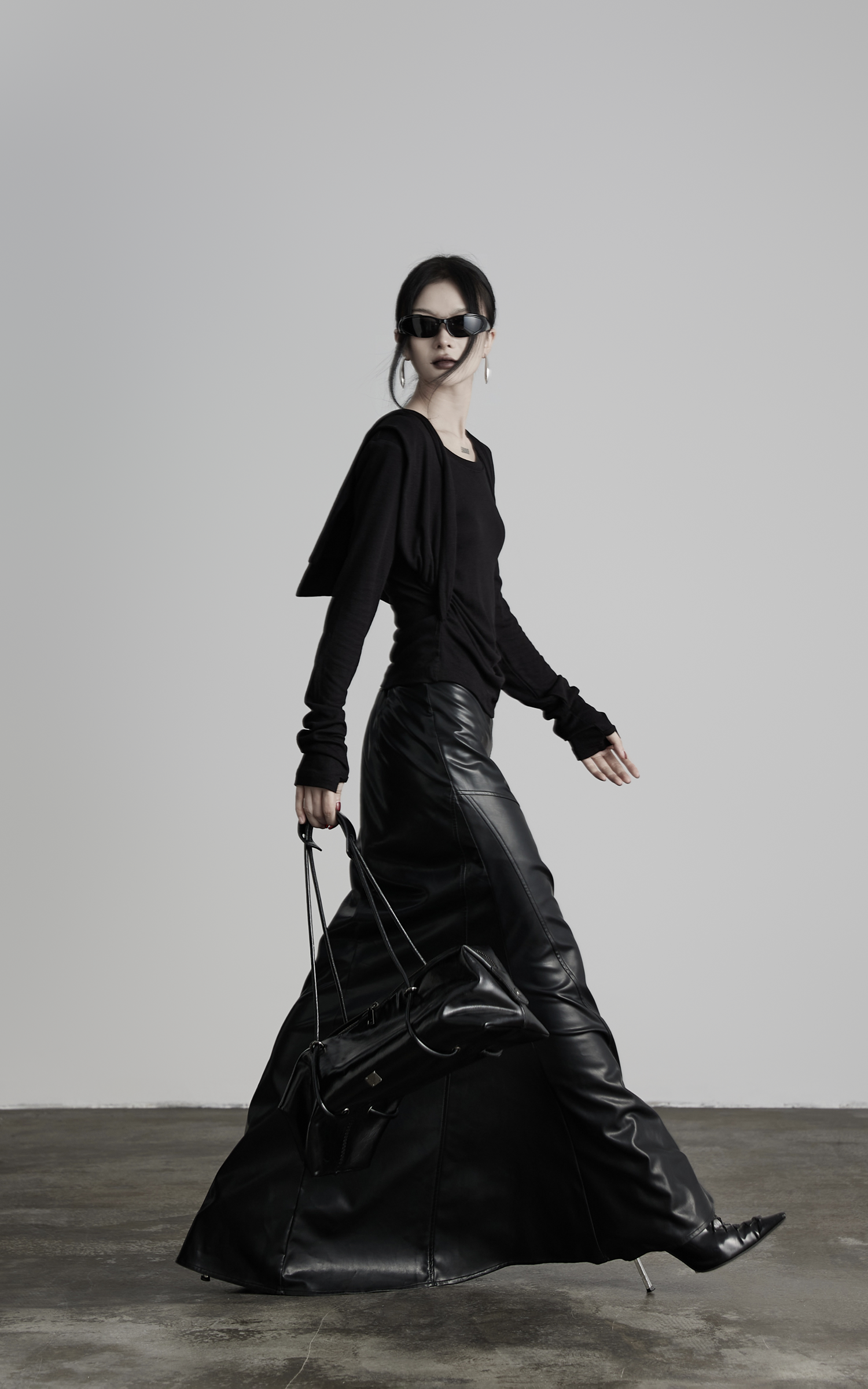 DOINDULGE Paneled Faux Leather Maxi Skirt with Stud Detail